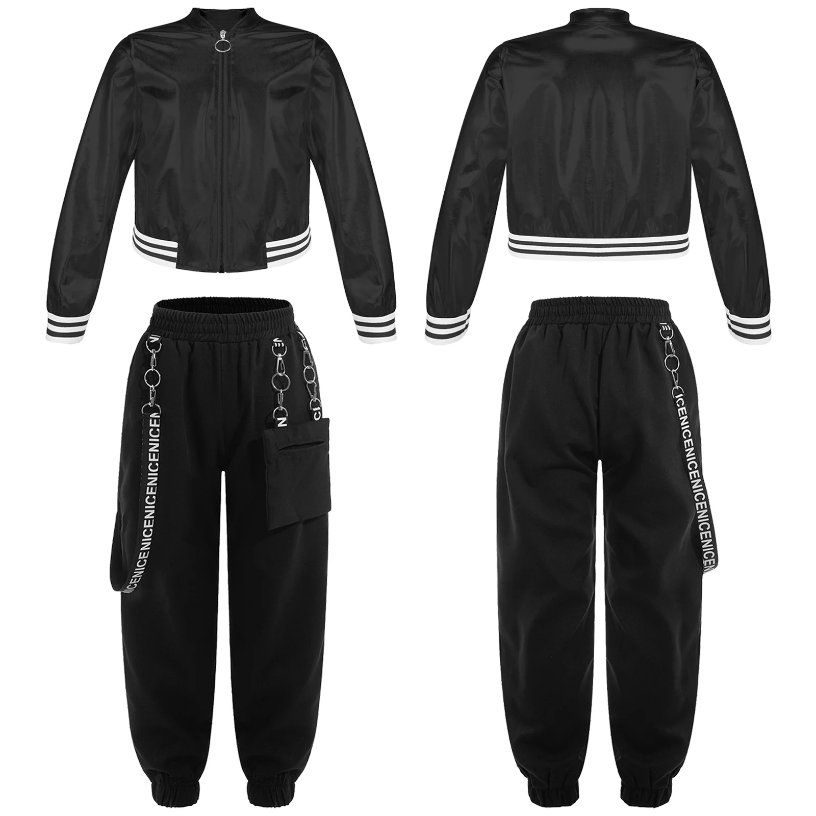 renvena Girls 2Pcs Shiny Hip Hop Dance Outfits Zipper Jacket with Cargo Jogger Pants Sports 6-16 Black 8
