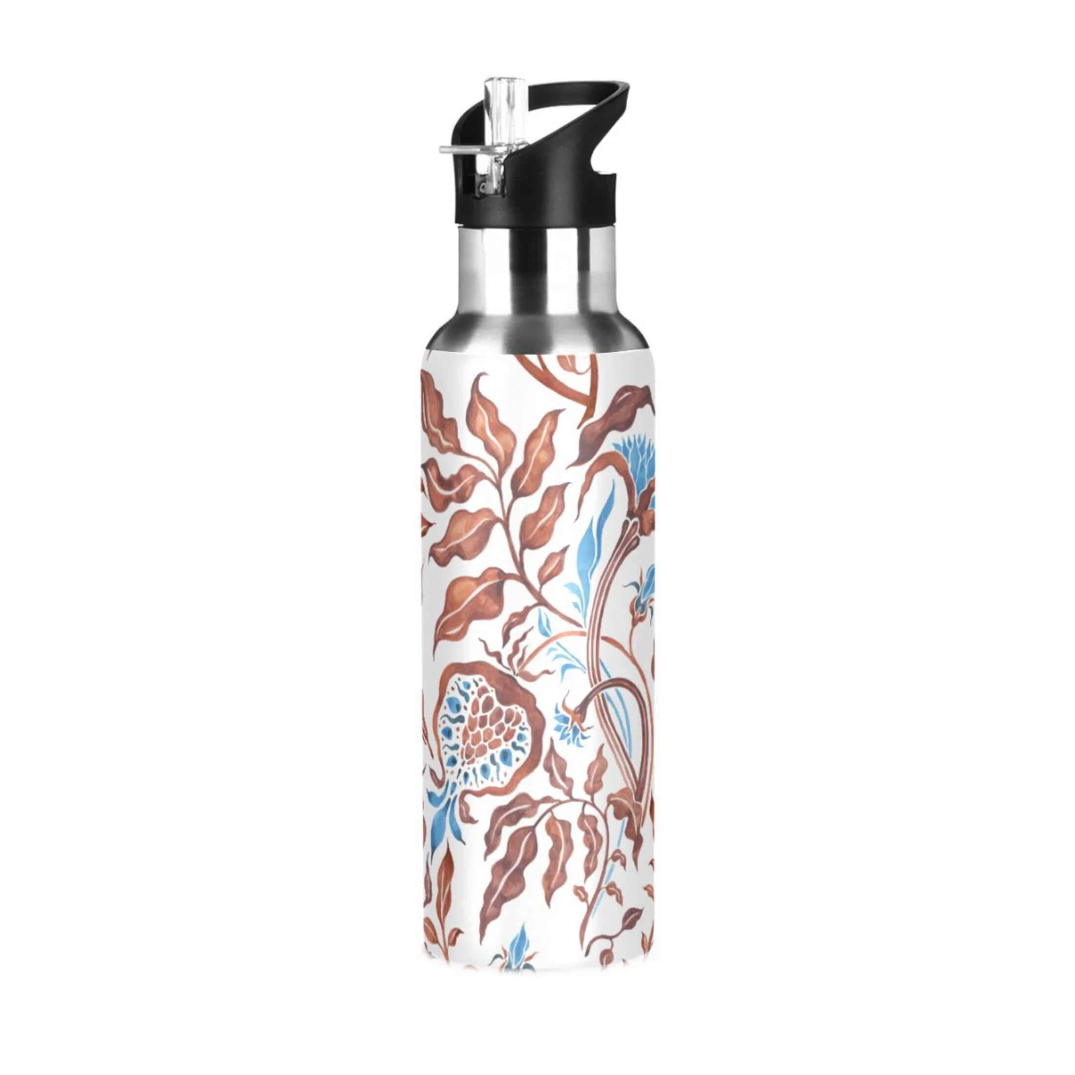 Water Bottle with Straw Lid Leak Abstract Flowers Retro Floral Stainless Steel Insulated Thermos Vacuum Flask for Cold Hot Drinking for Sports Camping Gym Yoga