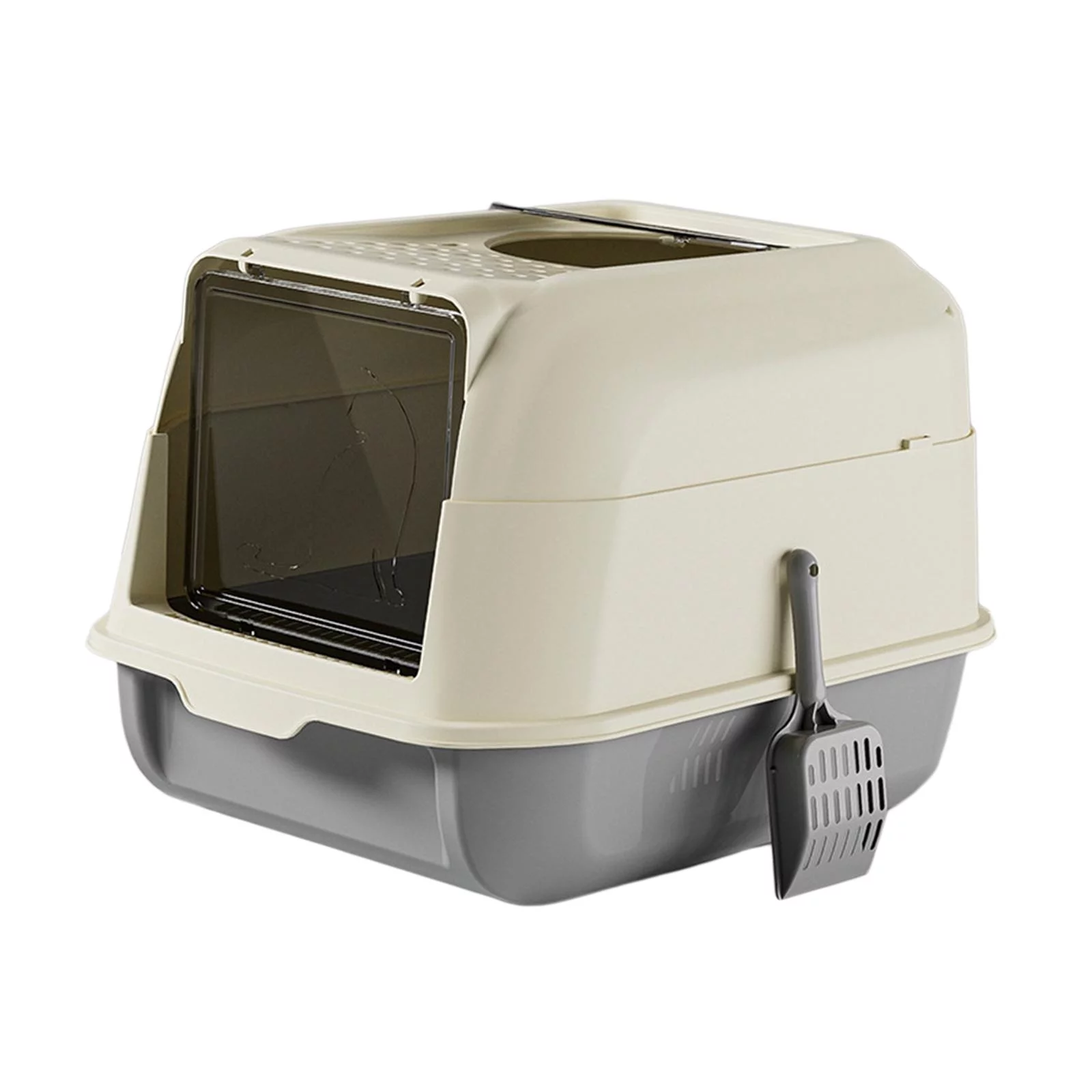 Cat Litter Box with Lid Front Entry Top Exit with Scooper Enclosed Cat Potty Gray
