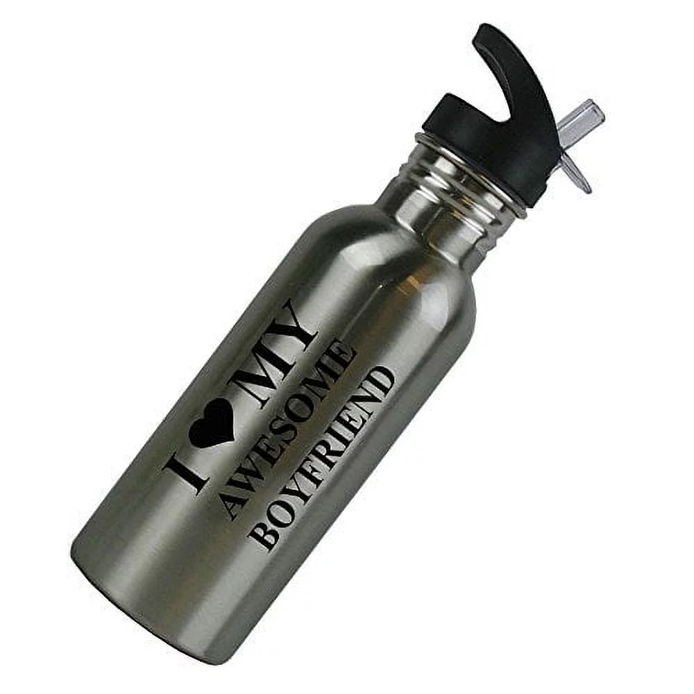 I Love MY Awesome Boyfriend Stainless Steel Silver 20 Oz (600mL) Water Bottle with Sport Top, Straw
