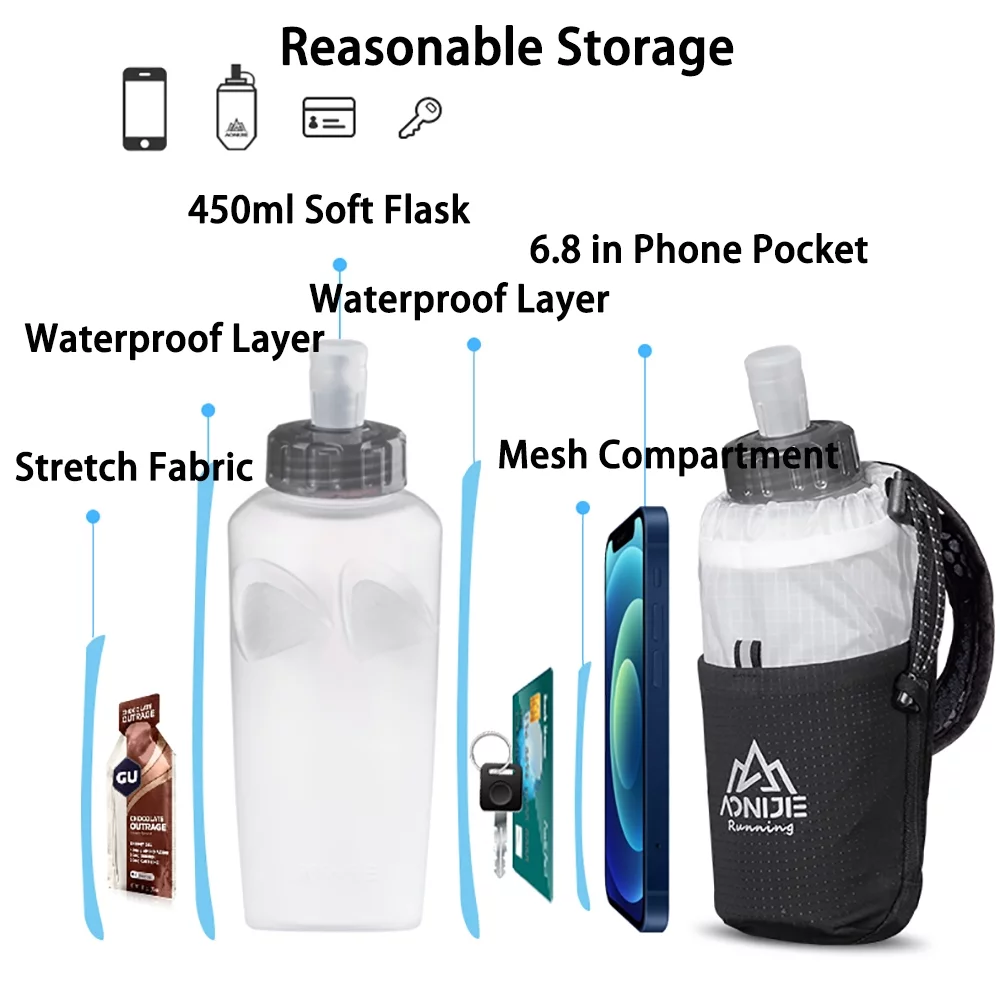 AONIJIE Handheld Soft Water Bottle Collapsible for Running with 450ml Soft Flask, Black