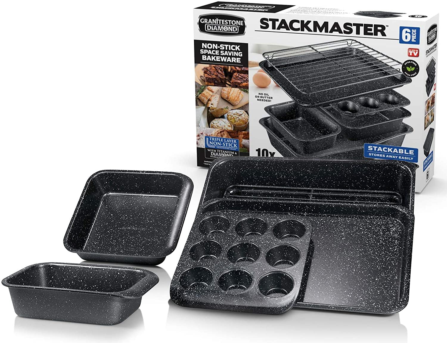 Granitestone Stack Master 6-Piece Mineral and Diamond Infused Non-Stick Space Saving Stackable Bakeware Set