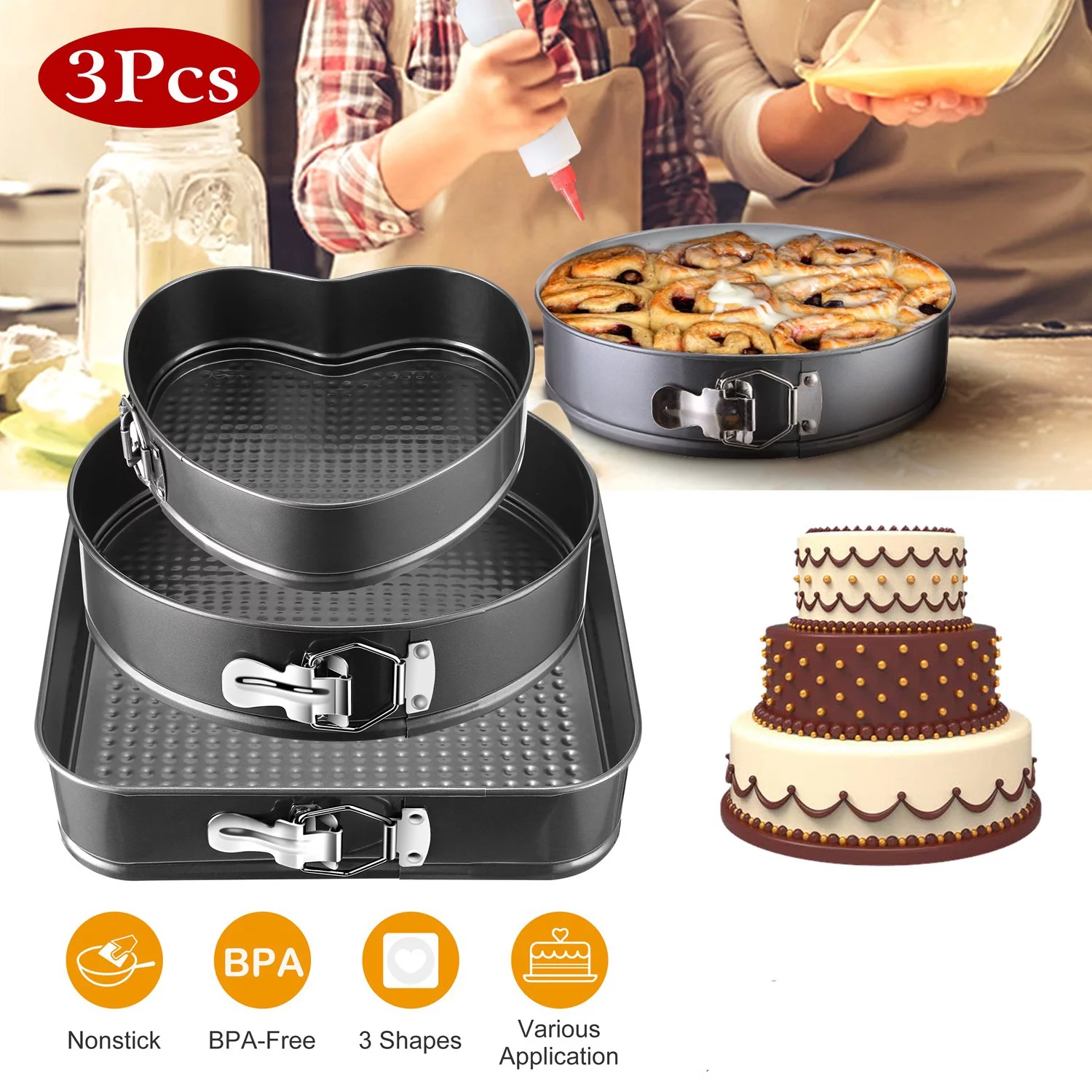 iMounTEK 3Pcs Cake Pan Set, Non-Stick Bakeware Pans Leakproof Cheesecake Pan with Removable Bottom, Black