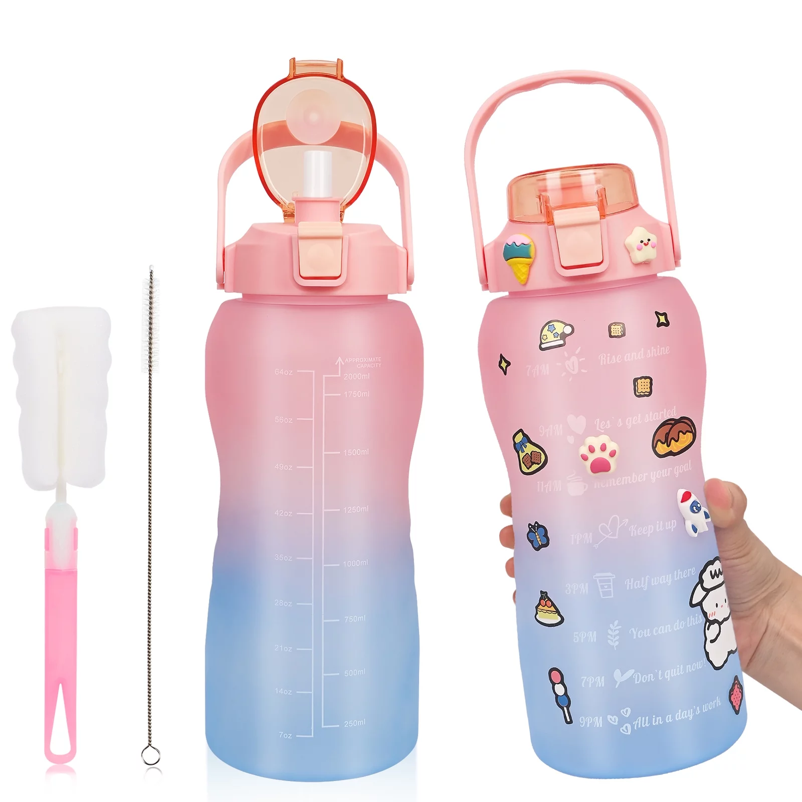 Queentrade 2L Water Bottle, 67 OZ Leakproof BPA Free Drinking Bottle with Time Marker Straw brush & Stickers