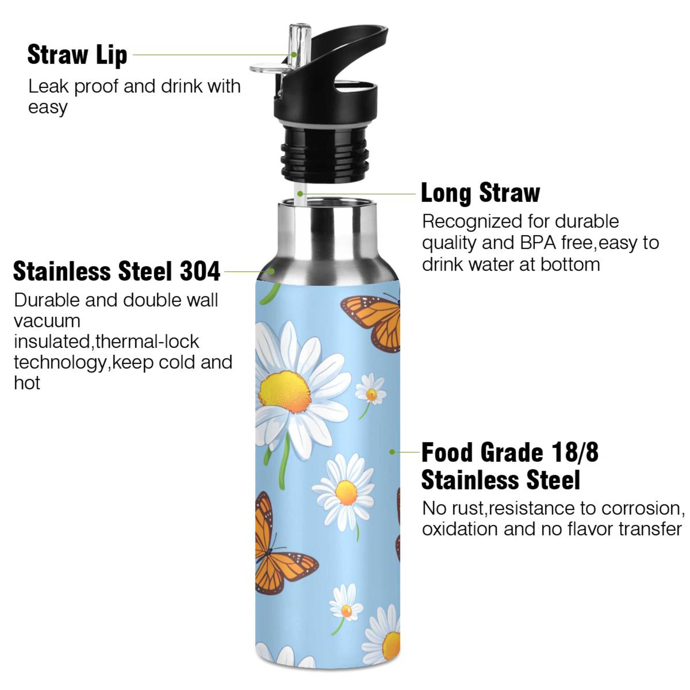 Butterfly and Sunflowers on Blue Water Bottles Insulated Thermos Kids Stainless Steel Bottle with Straw Lid Flask Leakproof for Sports Gym 20 oz