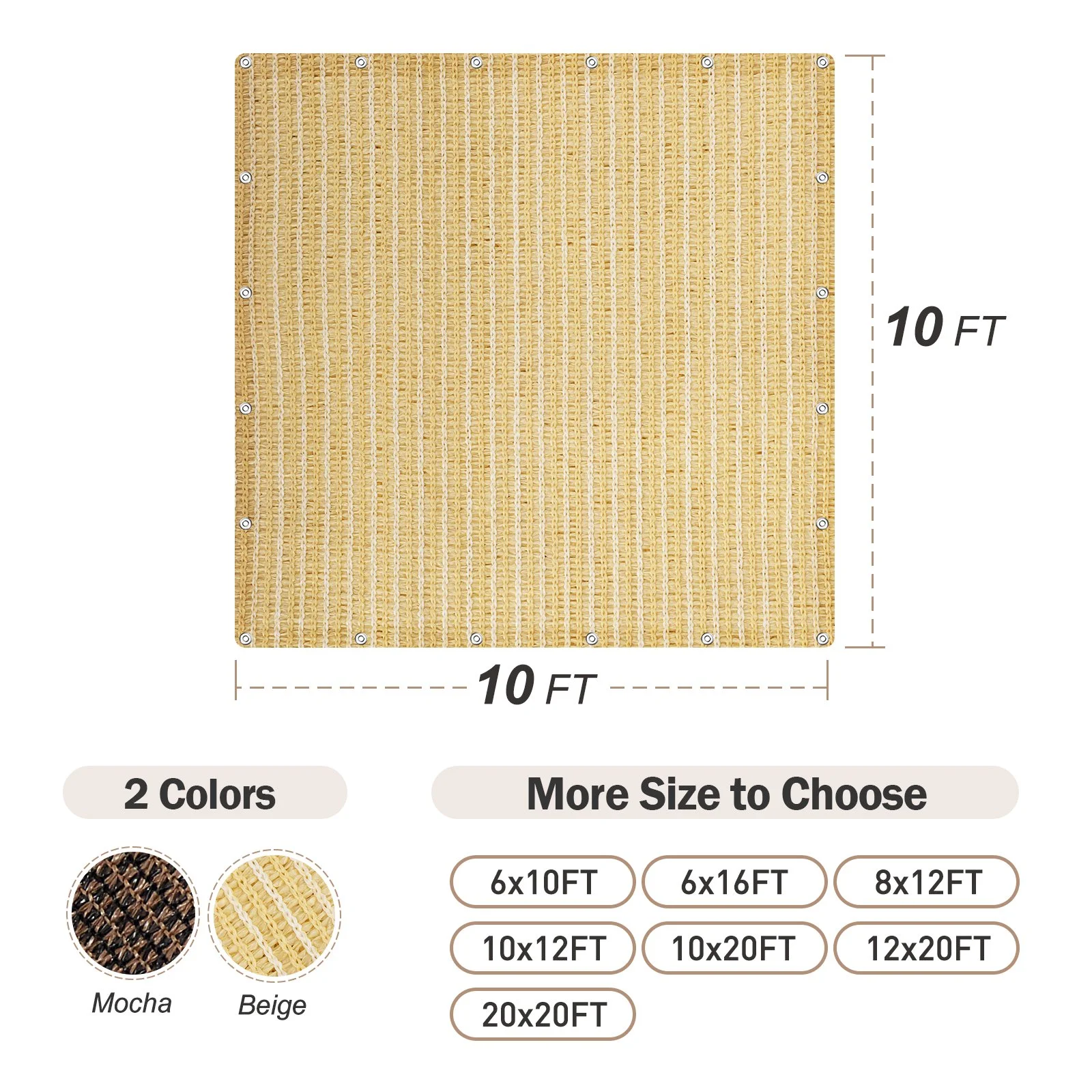 10'X10' Beige Heavy Duty Mesh Tarp Net Sail Sun Shade Awning And Fence Screen Patio And Canopy Cover