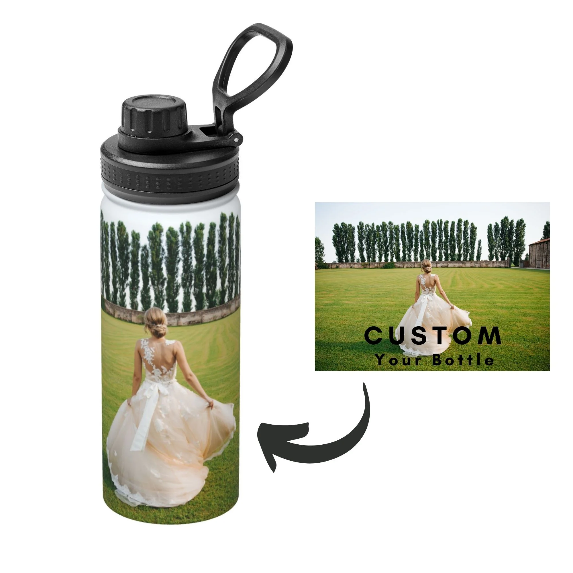 Personalized Custom Picture Sports Water Bottle, 18 oz, Hot & Cold Double Walled Insulated Thermos.