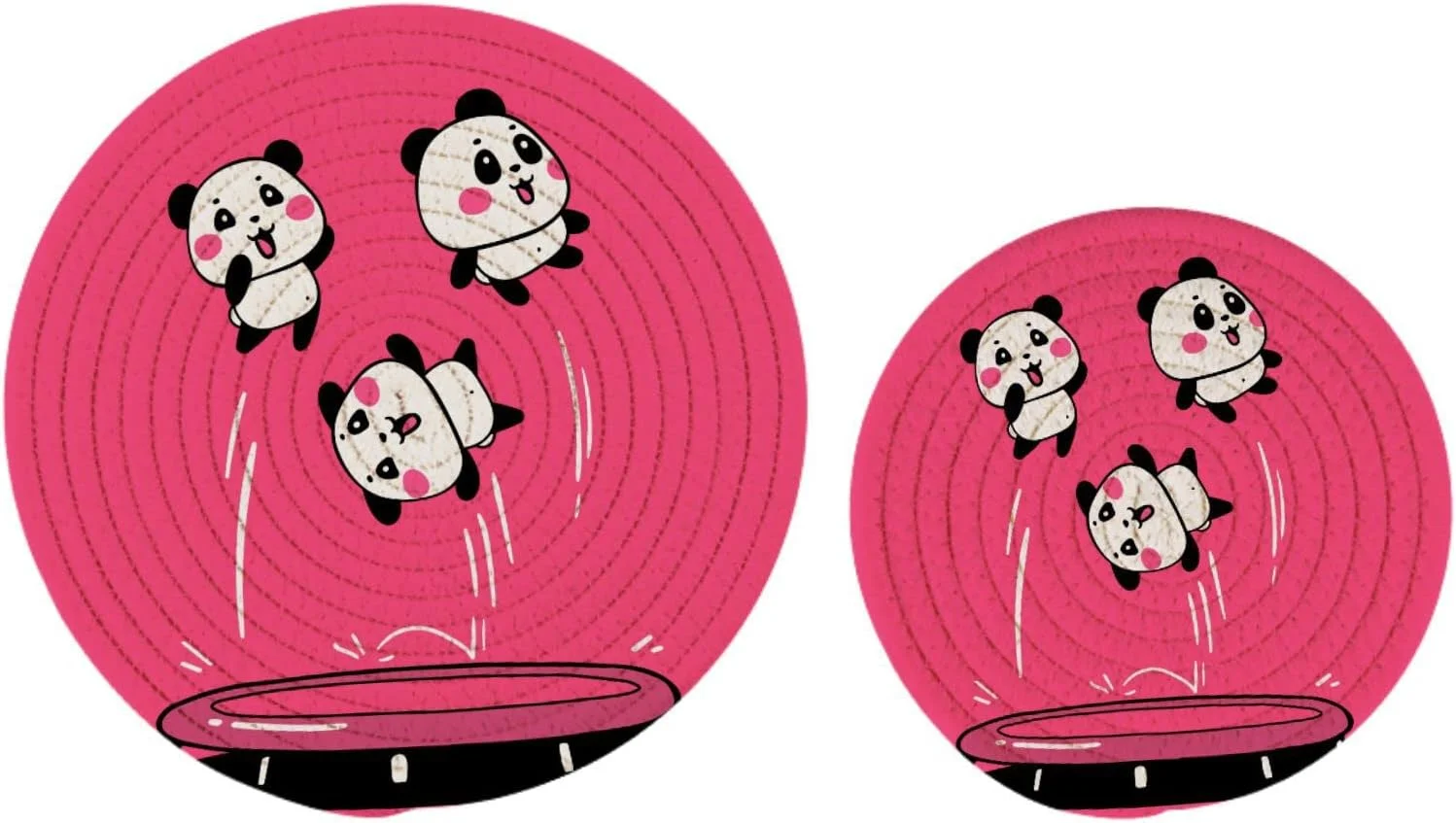 GZHJMY 2 Pcs Cotton Cute Panda Jumping on Trampoline Woven Pot Holder Trivets Set,Round Coasters Placemat for Cooking Baking Hot Dish Pan Pot Bowl Teapot(7&9 Inches)