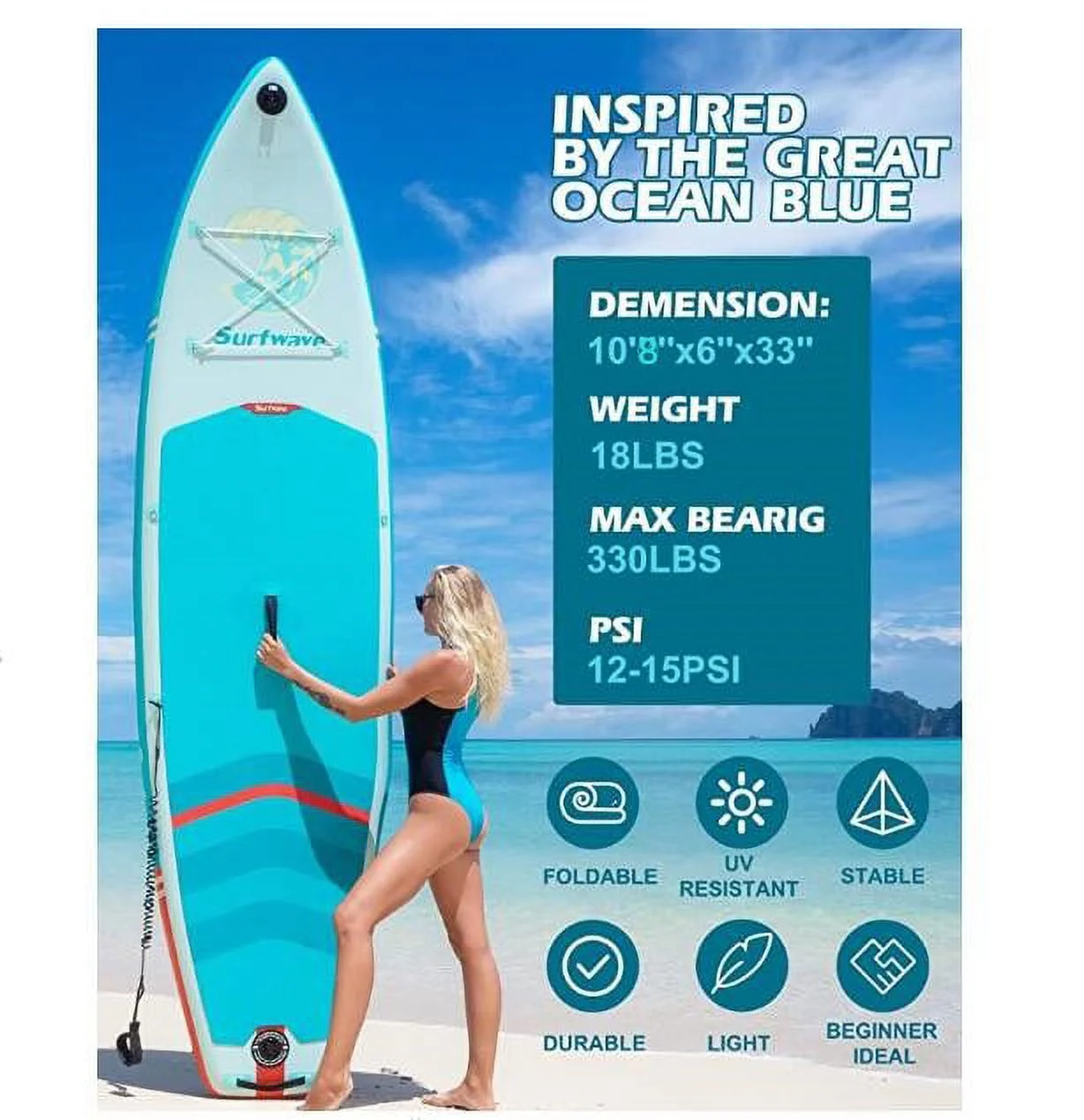Inflatable Stand Up Paddle Board(6In Thick)with Premium SUP Accessories & Backpack, Wide Stance, Bottom Fin for Paddling, Paddle, Leash, Surf Control, Non-Slip Deck for Youth & Adult(Mint Green)