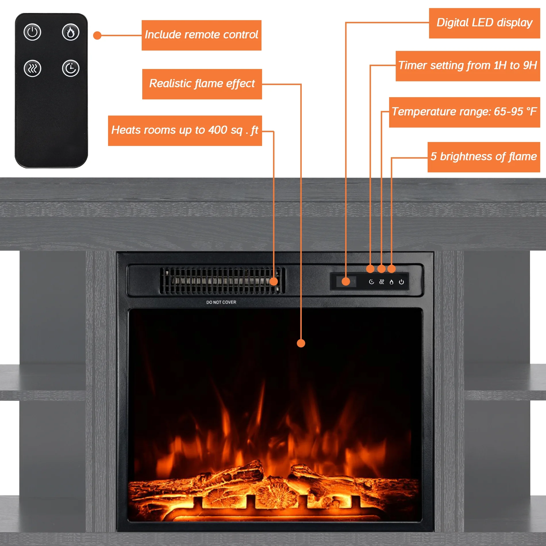 Wampat Fireplace TV Stand, Farmhouse Entertainment Center with Electric Fireplace, 70 inch, Black