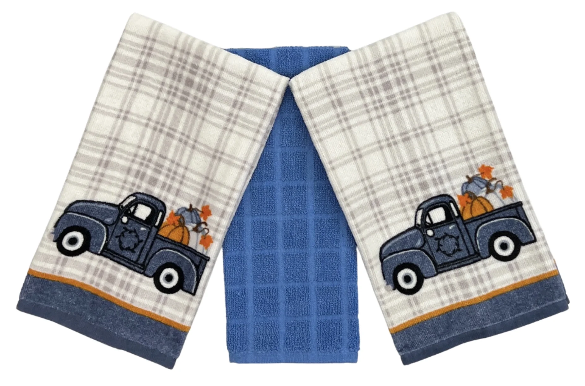 Serafina Home Nantucket Home Happy Harvest Country Fall Kitchen Towels Set: Colorful Cotton Velour Harvest Pumpkins Truck, Blue Border Plaid Print Background (Blue Truck)