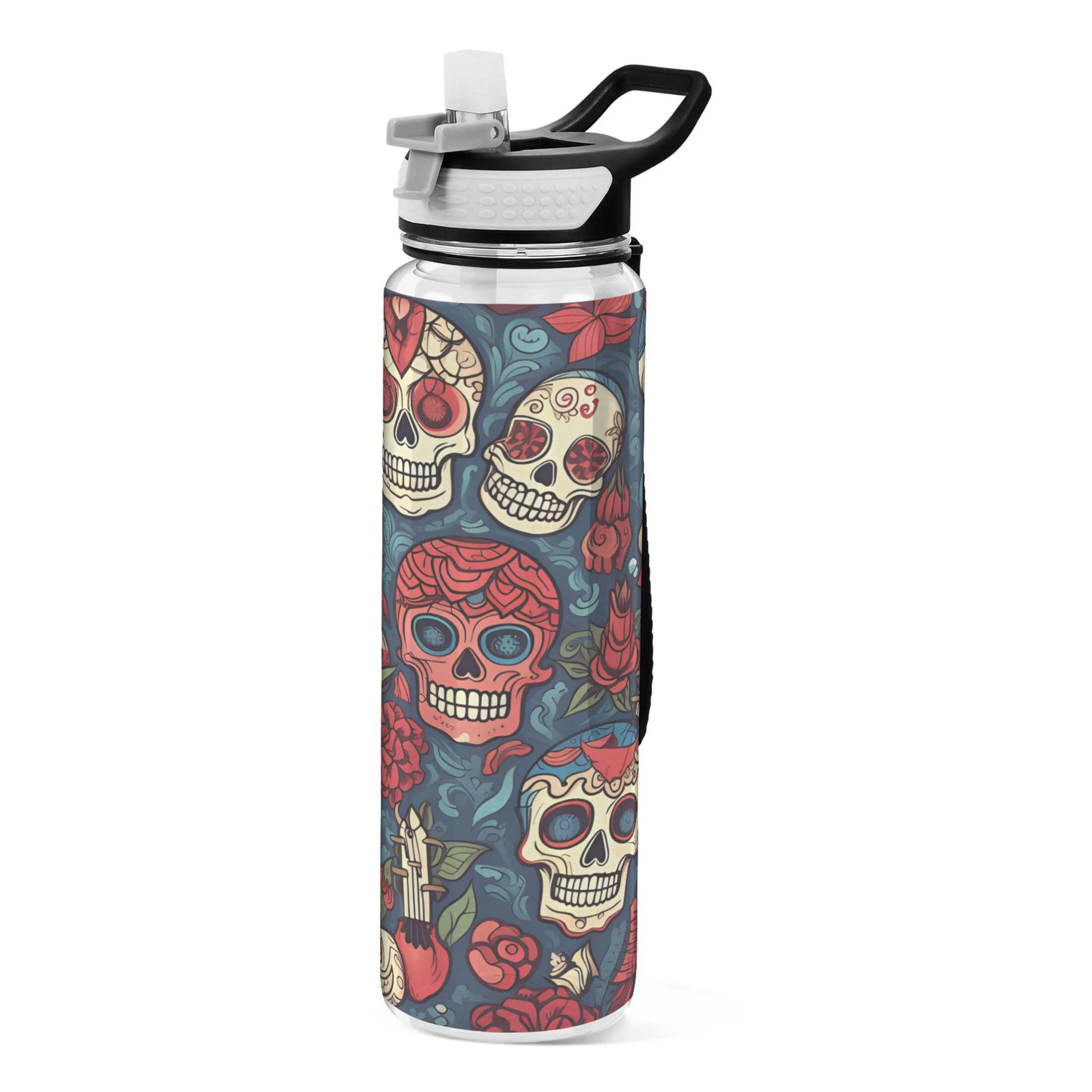 Skulls and Roses Flowers 32oz Water Bottles with Straw Tritan Leakproof Sports Bottle BPA Free Clear for Fitness Gym Swimming Cycling