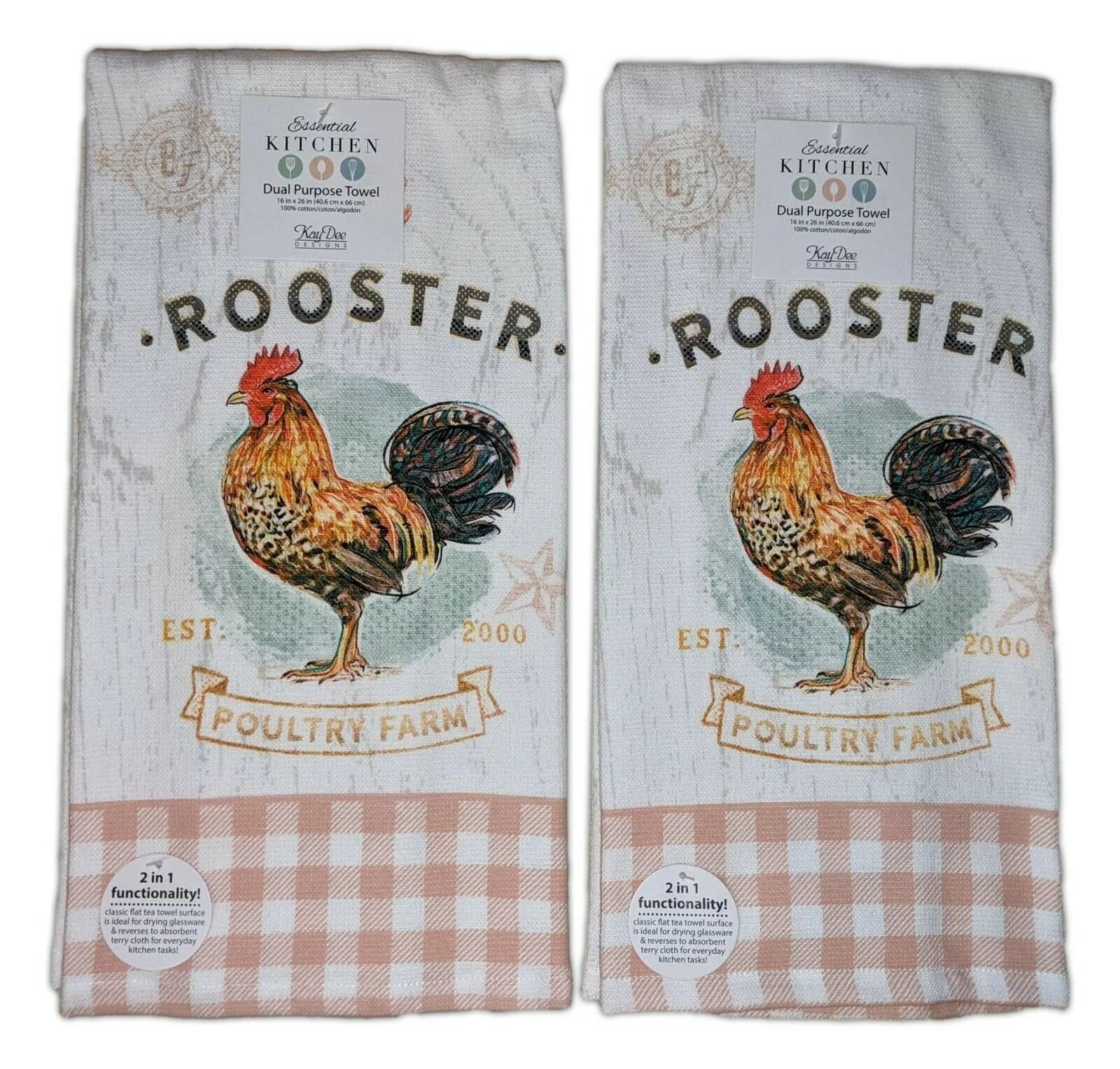 Set of 2 RED ROOSTER Vintage-Look Terry Kitchen Towels by Kay Dee Designs