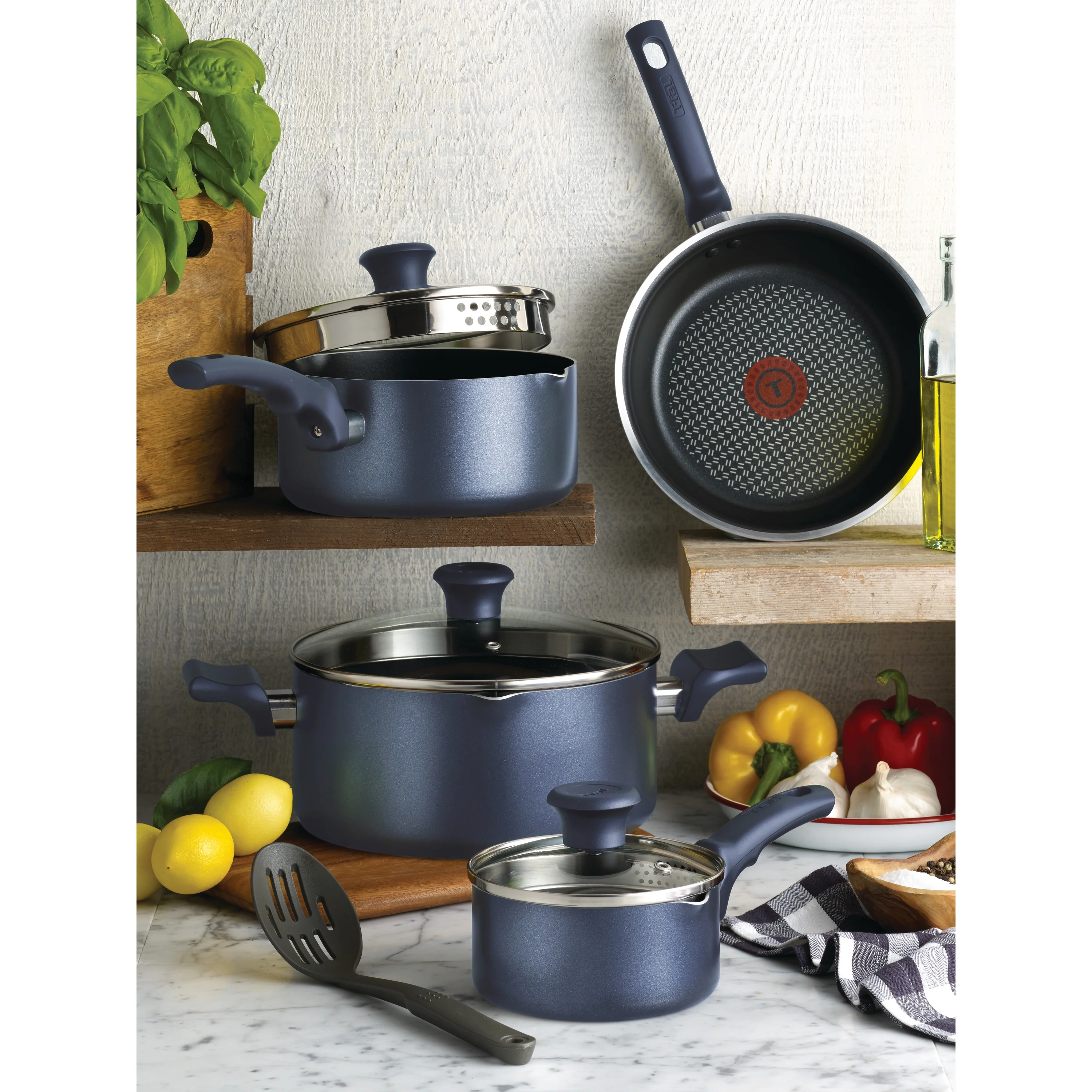 T-fal Cook & Strain Non-Stick 14-Piece Cookware Set, Recycled Aluminum Body, Blue