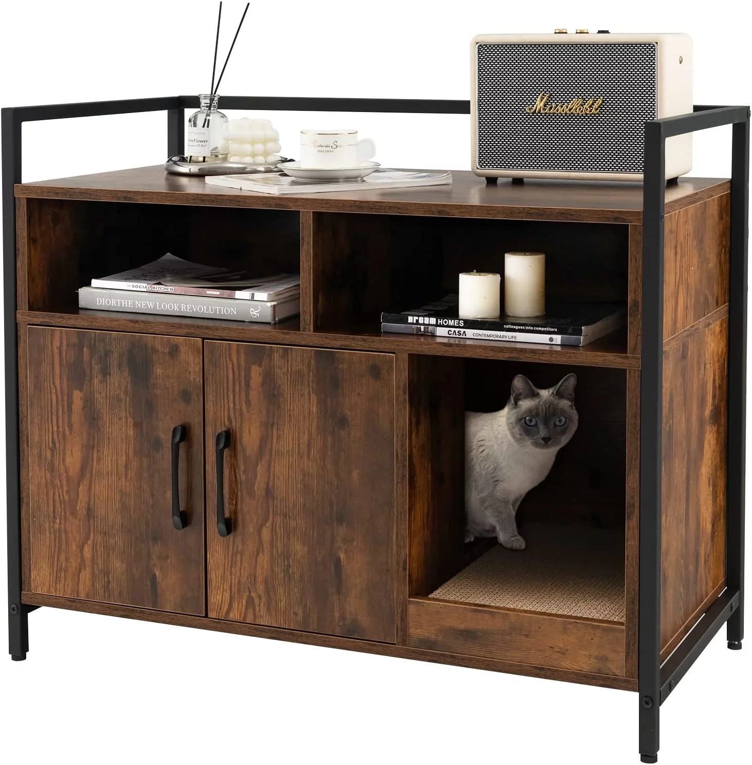 Cat Litter Box Enclosure - Cat Washroom Hidden Furniture with Front Entry, Cat Scratcher, 2-Door Storage Cabinet, 2 Compartments, Air Vents, Metal Frame, Wooden Pet Crate House (Rustic Brown)