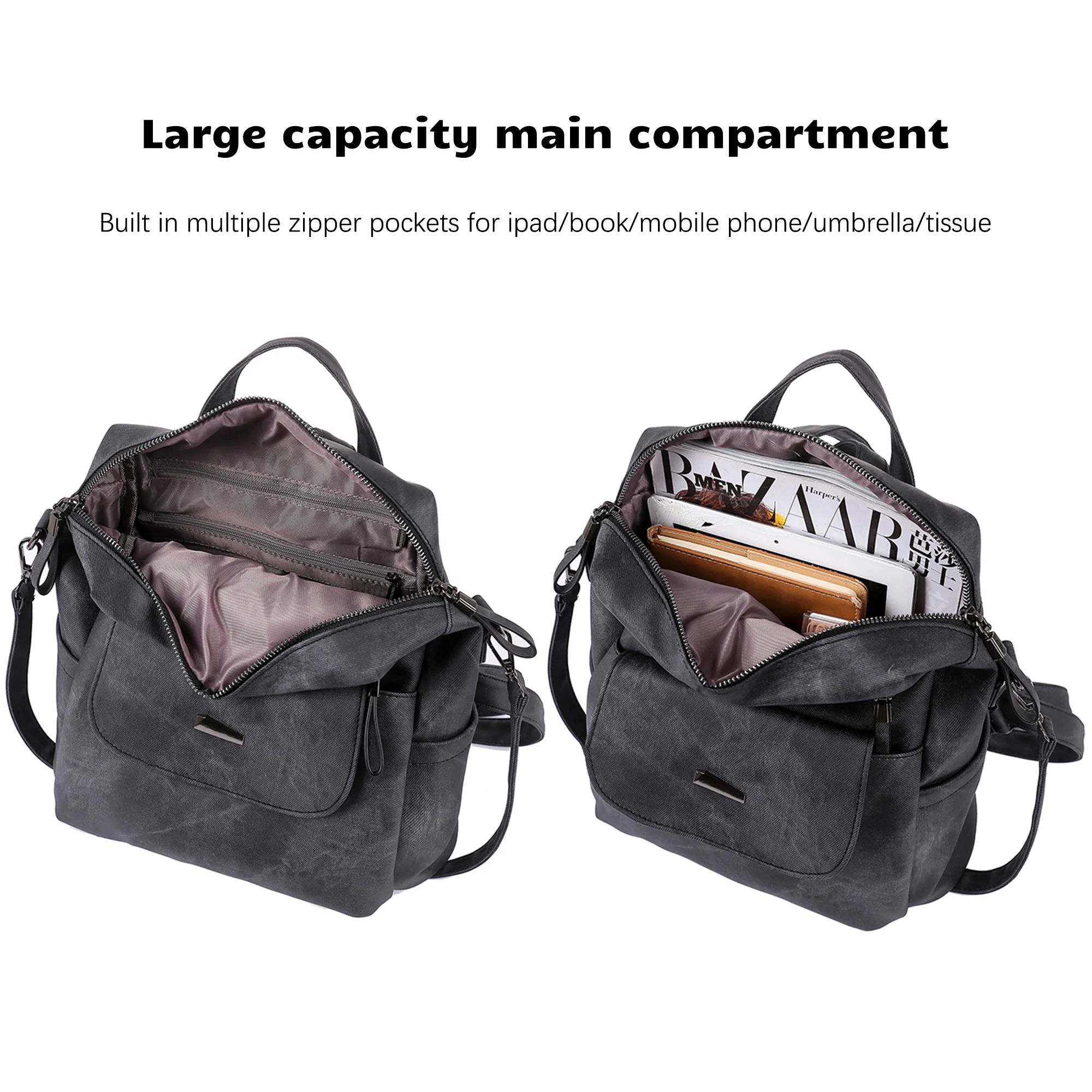 Women Backpack Anti-theft PU Leather Designer Travel Backpack , Fashion Shoulder Handbag, Black