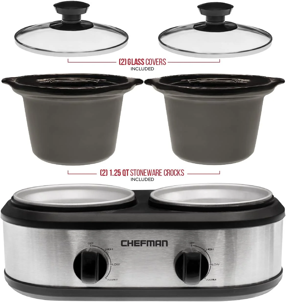 YONG RJ15-125-D Double Slow Cooker & Buffet Server with 2 Removable 1.25 Qt. Oval Crocks, Pot Inserts Individually Heat Controlled, 2.5 Quarts, Stainless Steel