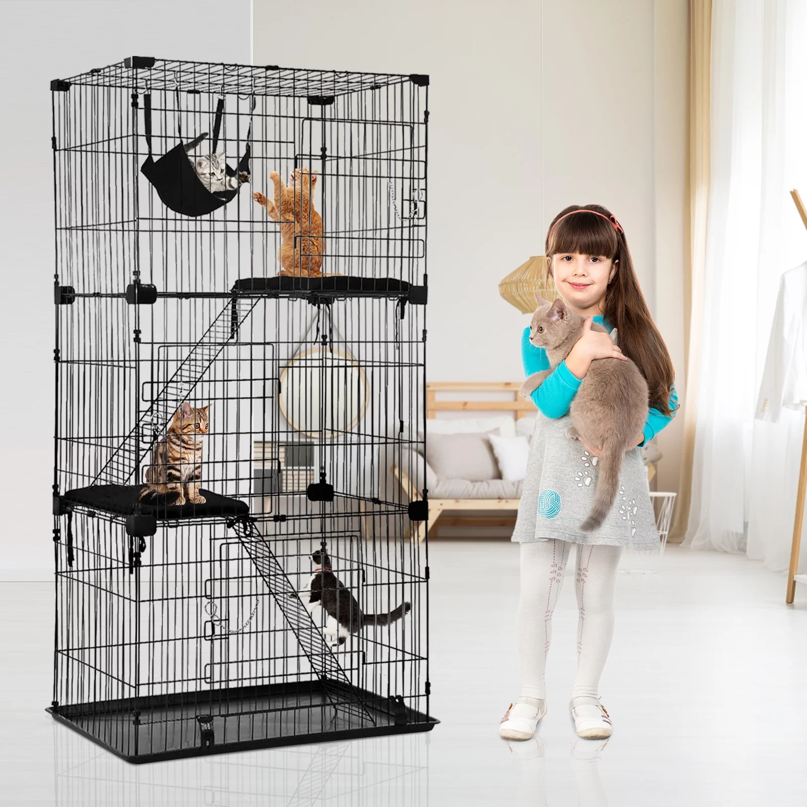 NiamVelo 67 inch Metal Cat Cage Indoor Cat Crate Kennel Pet Playpen with Hammock 3 Cat Bed, Black