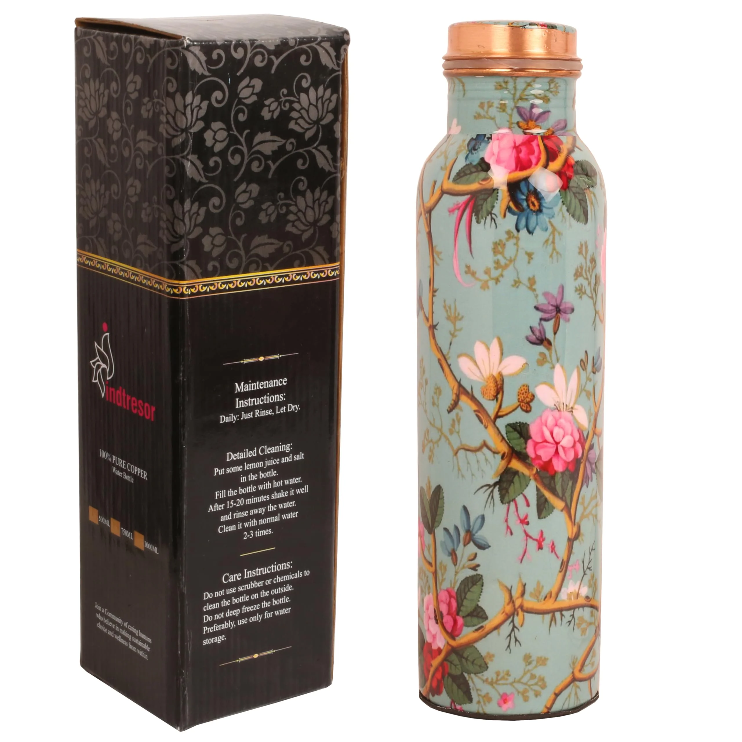 Indtresor Pure Copper Water Bottle - Handcrafted - Ayurveda health benefits - Large 35 oz - Leak proof - Easy to carry for Sports, Fitness, Yoga, School - Sky Blue Base Floral Vines Colorful Enamel