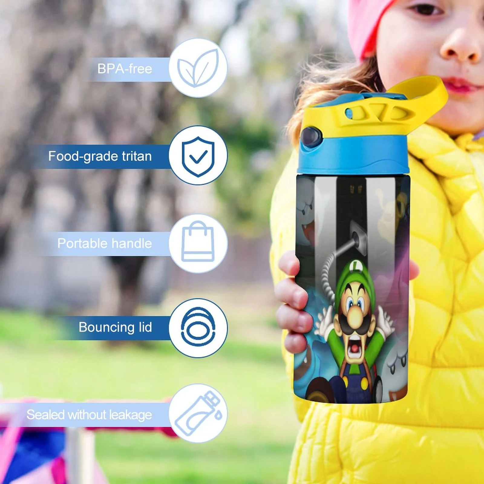 Cartoon Scary Luigi's Mansion Kid's Insulated Water Bottle With Straw Vacuum Stainless Steel Cup Leak-Proof Children Toddler Thermoses