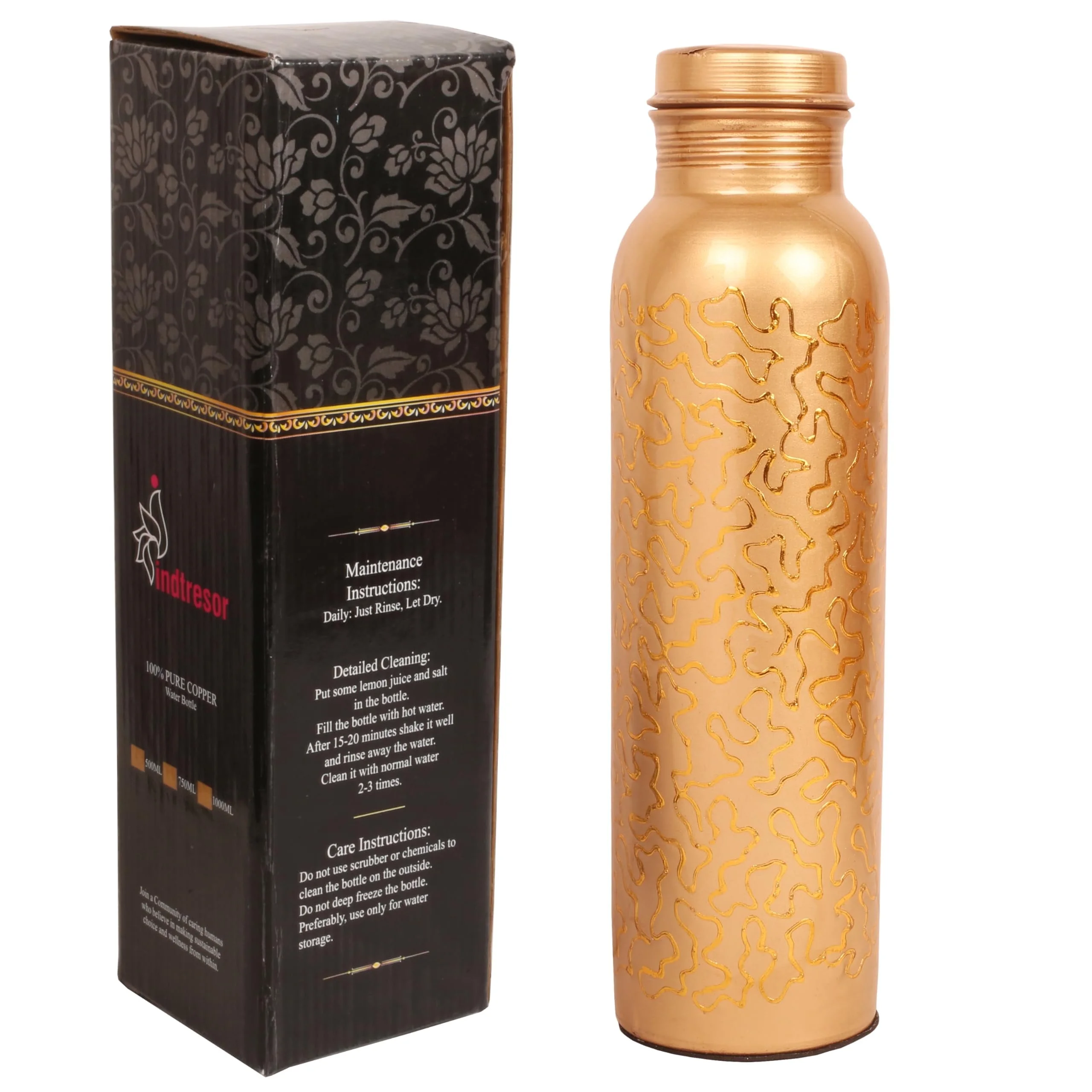Indtresor Pure Copper Water Bottle - Handcrafted - Ayurveda health benefits - Large 35 oz - Leak proof - Easy to carry for Sports, Fitness, Yoga, School - Natural Copper Finish Golden Glade Pattern