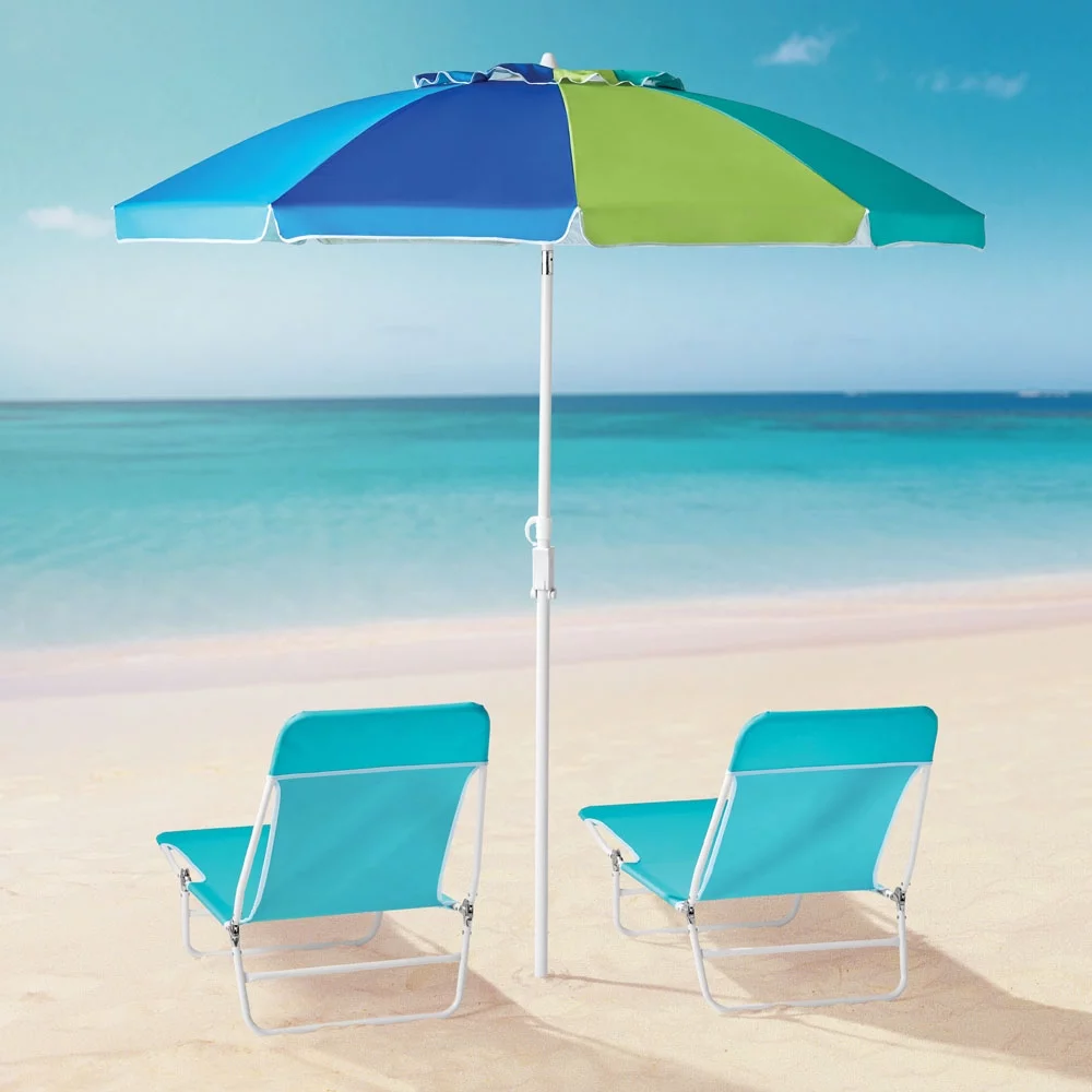 Mainstays 7.5 Feet Vented Beach Umbrella w/Tilt and Built-in Sand Anchor, Blue and Green Stripe