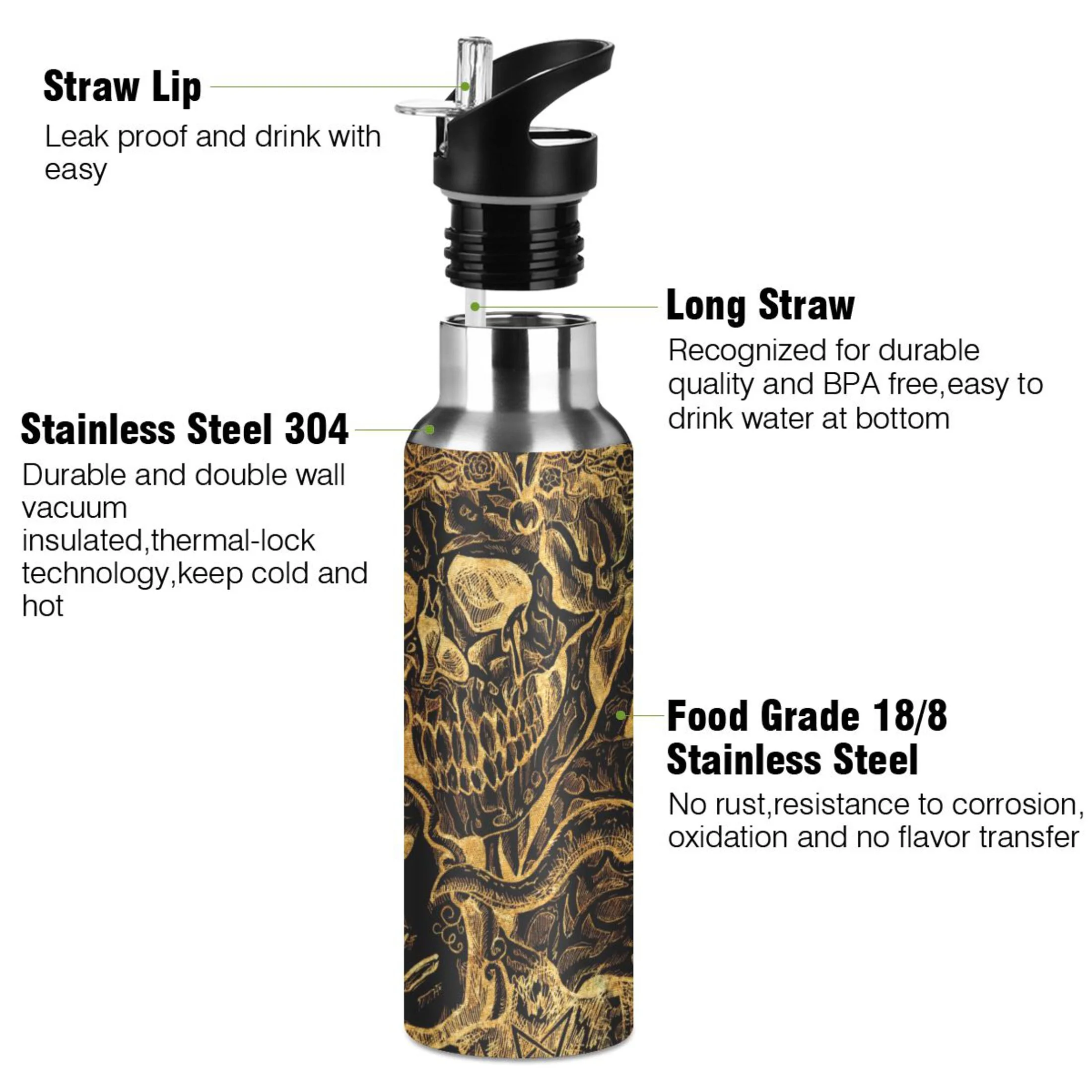 Golden Skull with Mask Water Bottles Insulated Thermos Kids Stainless Steel Bottle with Straw Lid Flask Leakproof for Sports Gym 20 oz