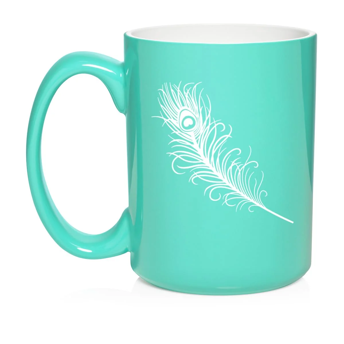 Peacock Feather Ceramic Coffee Mug Tea Cup Gift for Her, Him, Friend, Coworker, Wife, Husband (15oz Teal)