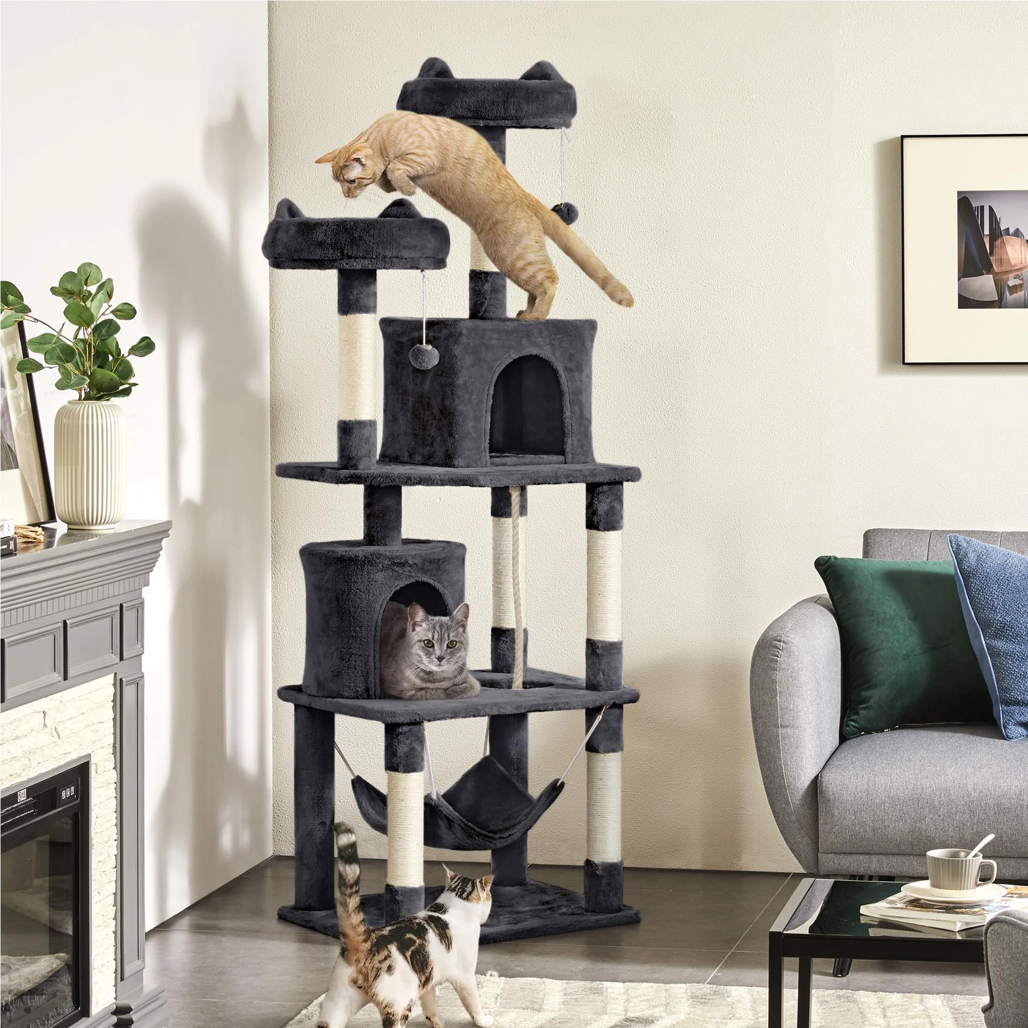 Black Cat Tree, 70.5in Cat Tower for Indoor Cats, Multi-Level Cat Condo with Scratching Post, Cat Climbing Tower Activity Center w/Foam-Padded Perches & Hammock & Fur Ball for Kitten