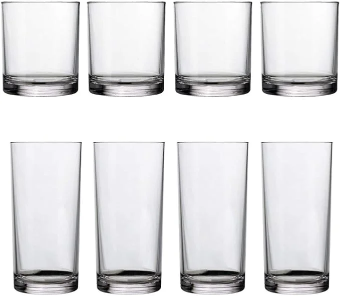 US Acrylic Classic Clear Plastic Reusable Drinking Glasses (Set of 8) 12oz Rocks & 16oz Water Cups , BPA-Free Tumblers, Made in USA , Top-Rack Dishwasher Safe