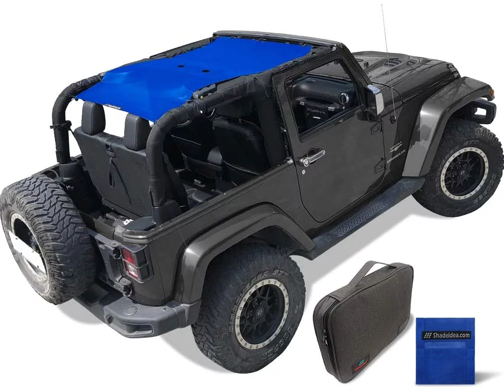 Shadeidea JK Top Sun Shade compatible with Jeep Wrangler Sunshade (2007-2018) 2 Door Front and Rear-Blue Mesh Screen Cover UV Blocker with Grab Bag - 10 Years Warranty