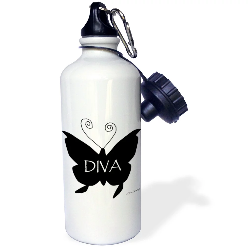 3dRose Diva Butterfly in Black  , Sports Water Bottle, 21oz