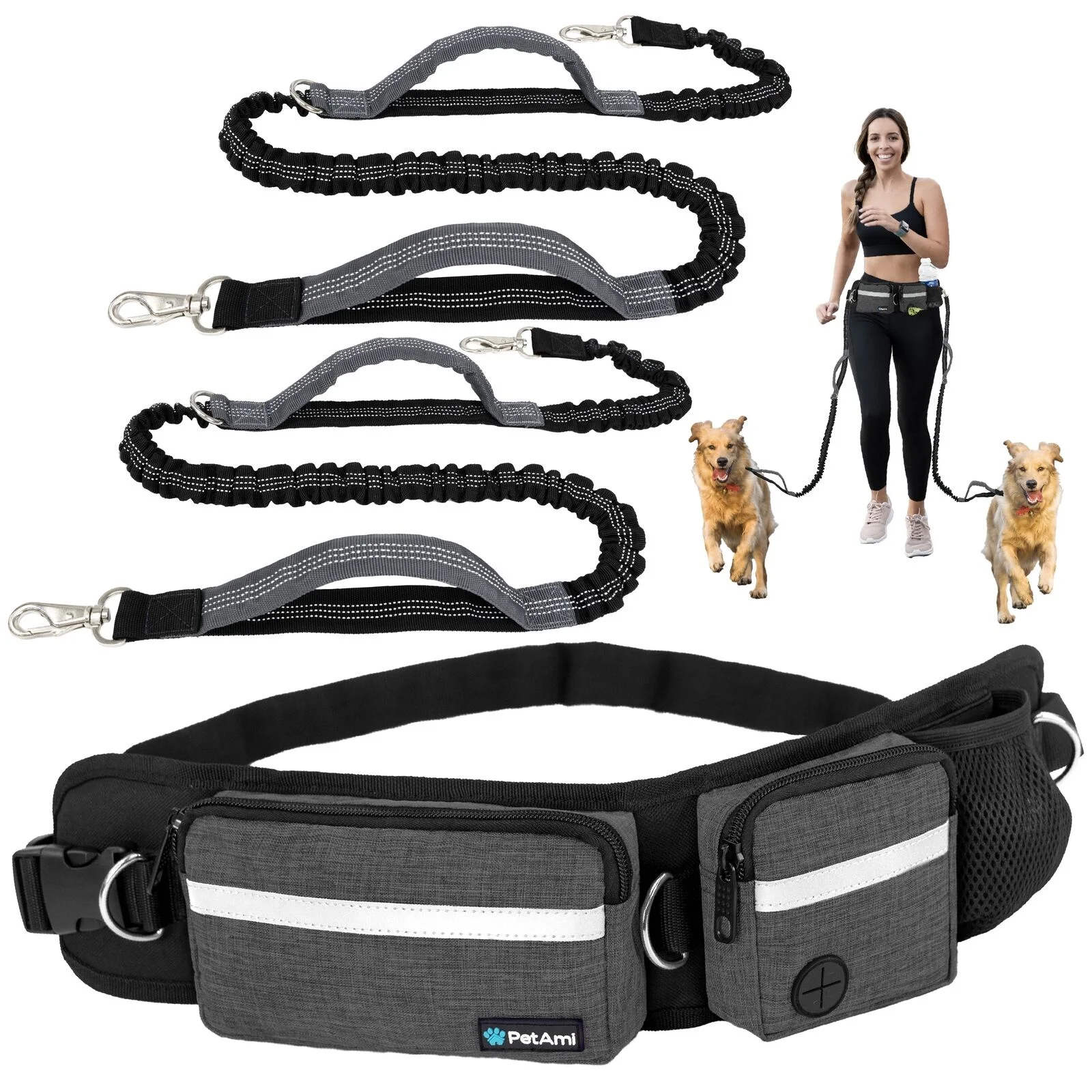 Dog Leash Waist Belt Hands Free Running Jogging Walking Fanny 2 Bungee Leashes