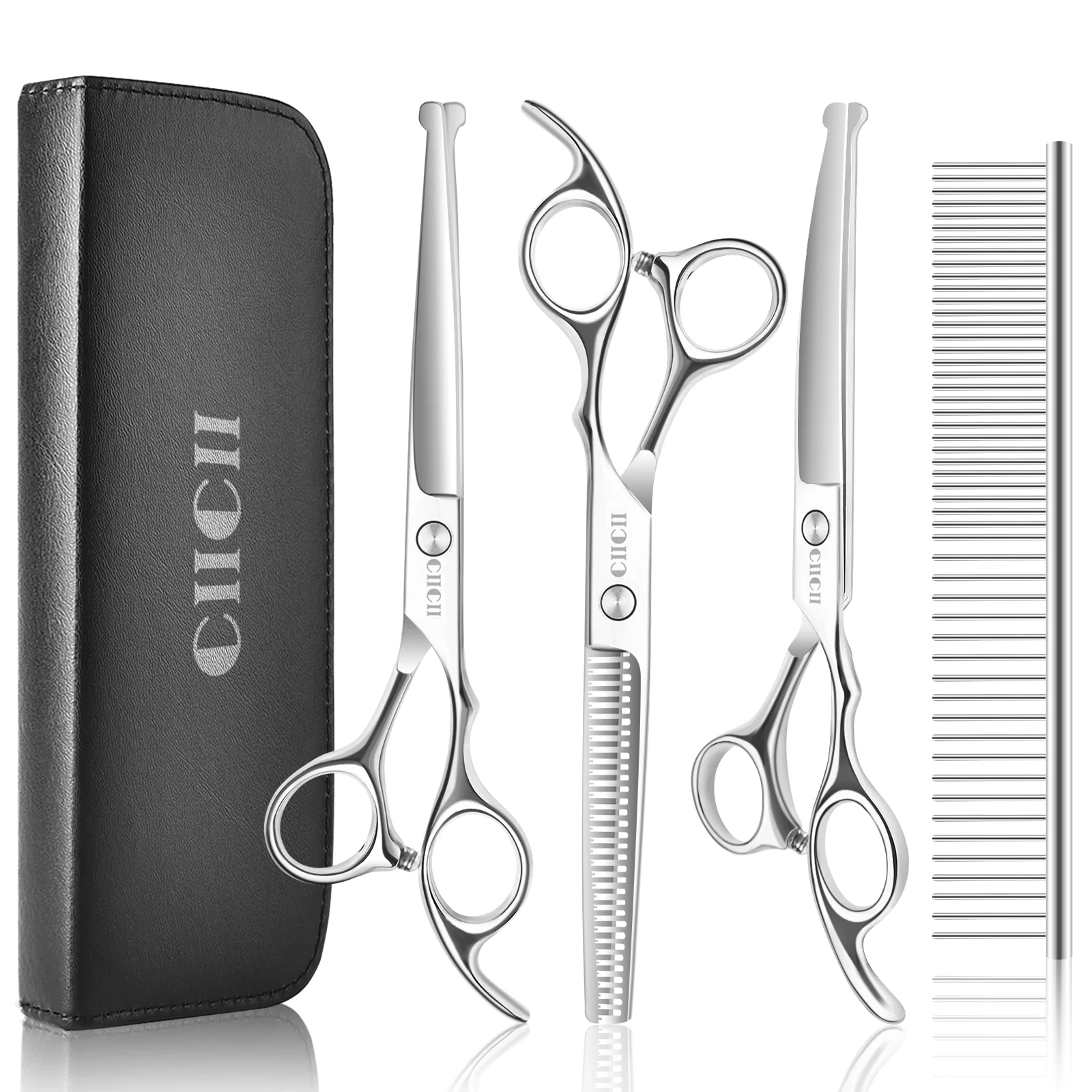 Dog Grooming Scissors Kit (Safety Round Tip), CIICII 6.5 Inch Professional Pet Grooming Scissors Set (Dog/Cat Hair Thinning Trimming Cutting Shears) with Curved Scissors for DIY Home Salon (Silver)