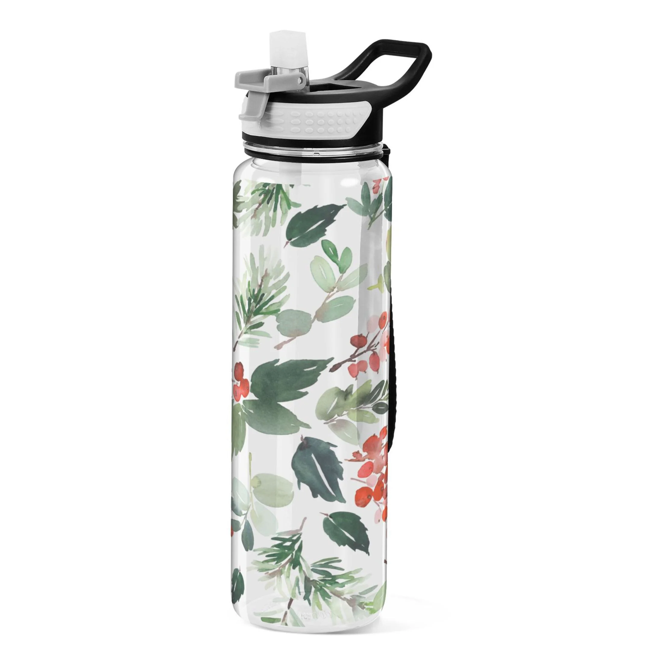Watercolor Christmas with Berries 32oz Water Bottles with Straw Tritan Leakproof Sports Bottle BPA Free Clear for Fitness Gym Swimming Cycling