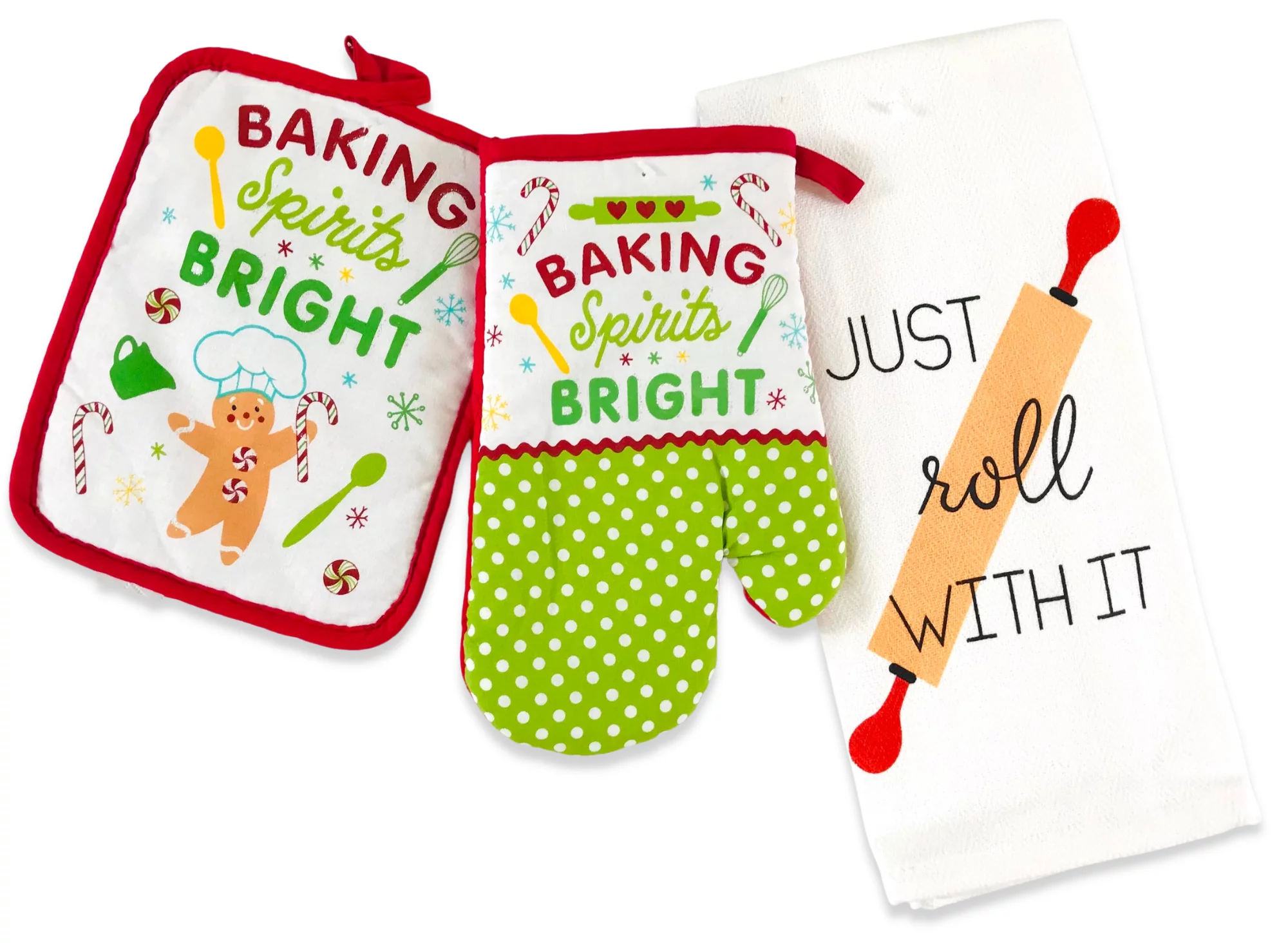 Serafina Home Winter Christmas Kitchen Towels Pot Holders Set: Fun Gingerbread Man Baking Spirits Bright