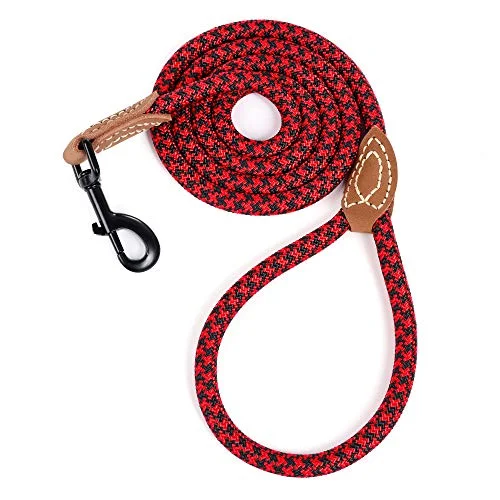 Mile High Life Mountain Climbing Dog Rope Leash with Heavy Duty Metal Sturdy Clasp Genuine Leather Tailored Connection with Strong Stitches 72 Inch (Pack of 1) Red Black