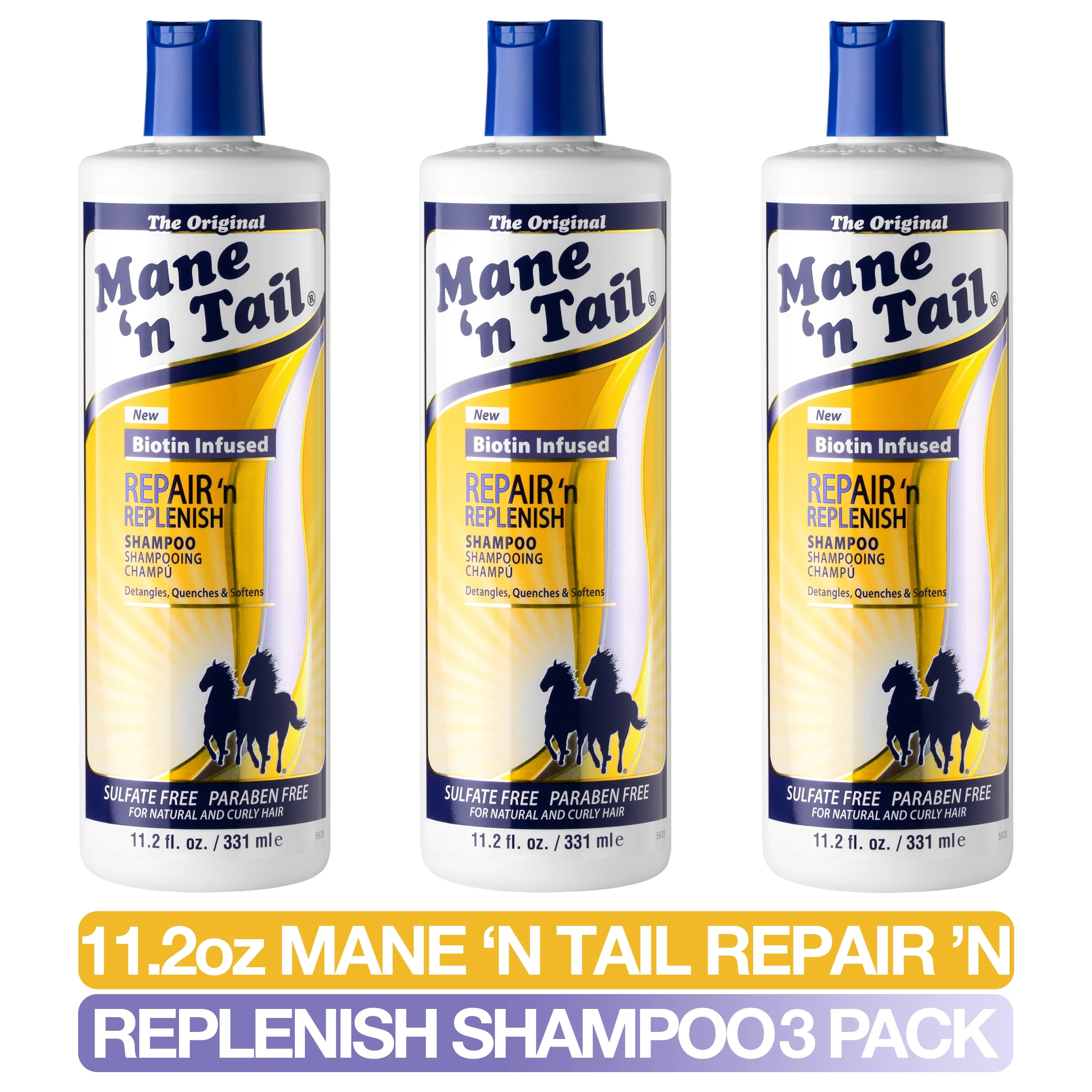 Mane ’n Tail: Repair ’n Replenish (Pack of 3) Sulfate Free Gentle Cleansing And Replenishing Shampoo (11.2 Oz Each)