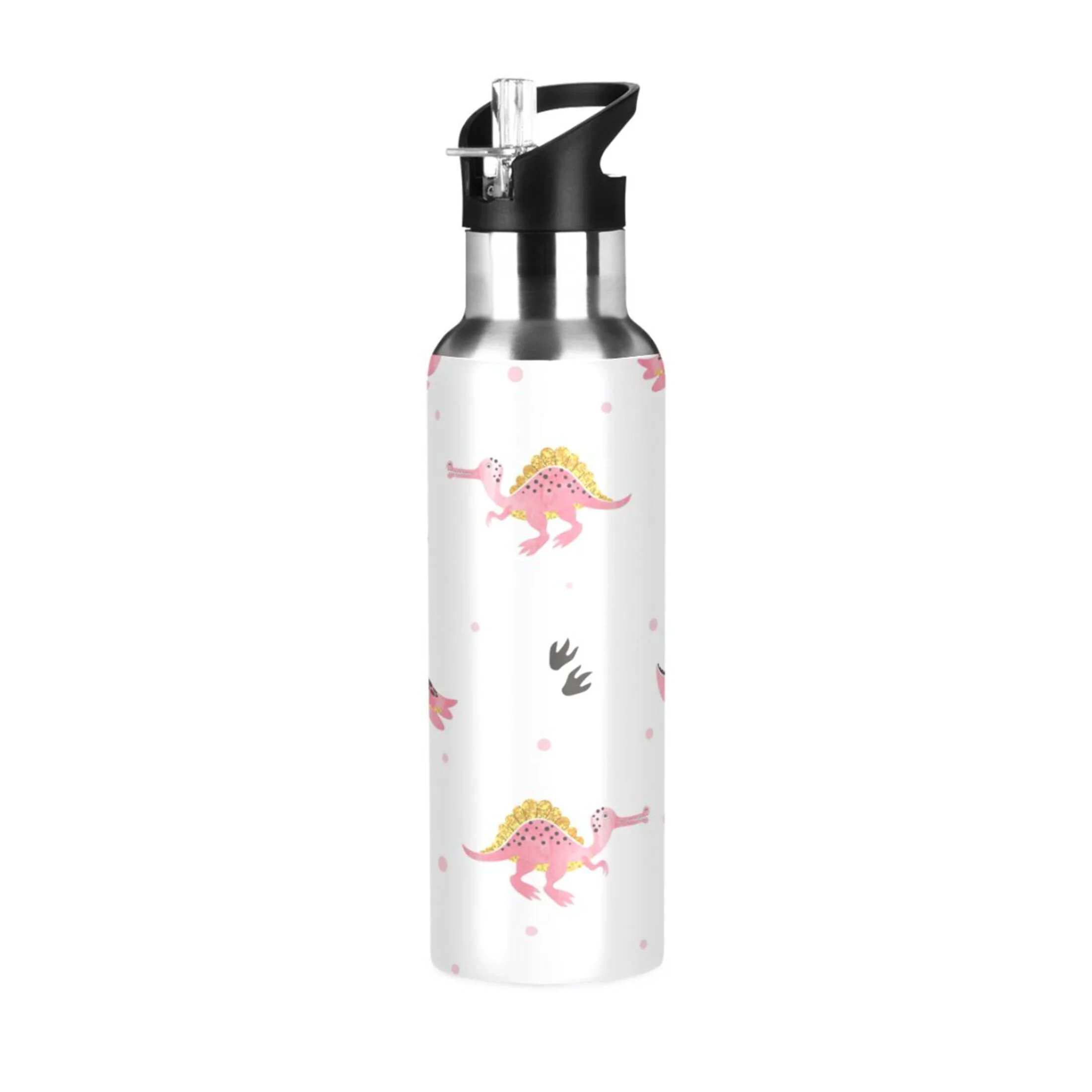 Stainless Steel Water Bottle Pink Dinosaur Footprint with Straw Lid Vacuum Insulated Keeps Hot and Cold Leak Proof Flask Jug for Gym Travel Sports Cycling Outdoor 20 OZ