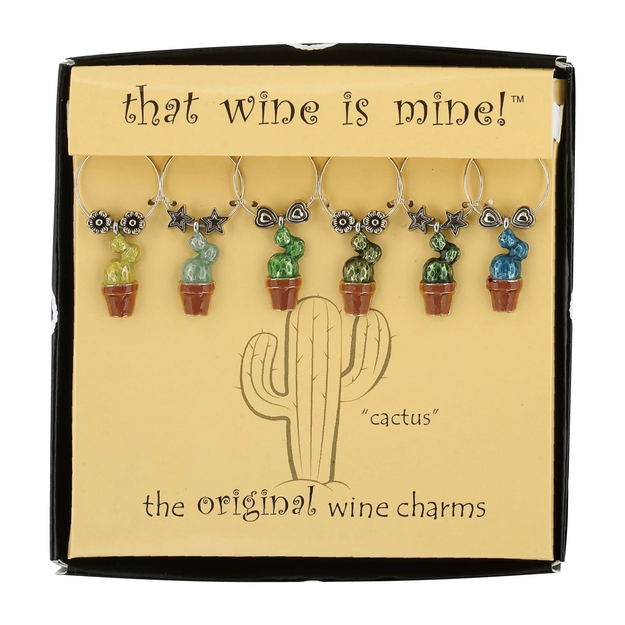 Wine Things 6-Piece Wine Charms/Wine Glass Tags/Drink Markers for Stem Glasses, Wine Tasting Party (Prickly Pear)