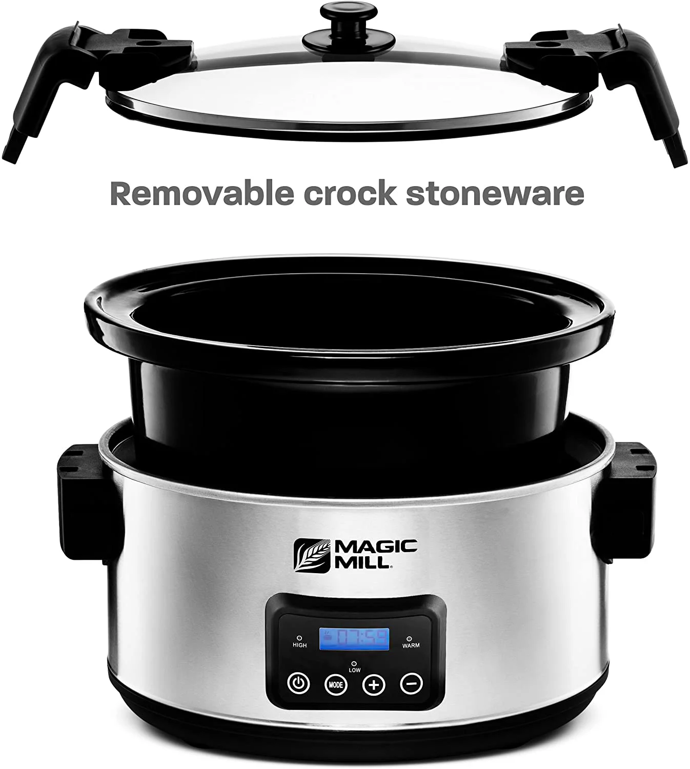 Magic Mill 8.5 Quart Slow Cooker Crock Pot, Digital Programmable, 20 Hour Timer, 3 Cooking Settings, Locking Lid for Easy Transport, Dishwasher Safe