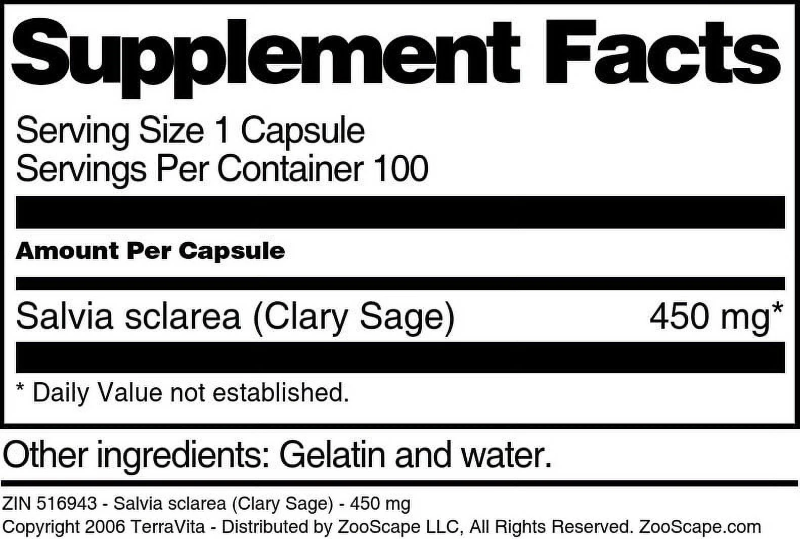 TerraVita Salvia sclarea (Clary Sage) - 450 mg, (100 Capsules, 1-Pack, Zin: 516943)