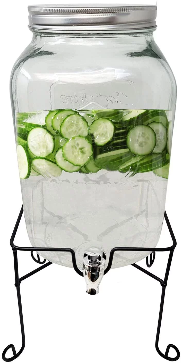 Beverage Dispenser 1 Gallon Glass Mason Jar with Metal Stand for Water, Juice, Beer Wine Sangria, Kombucha & Cold Drinks