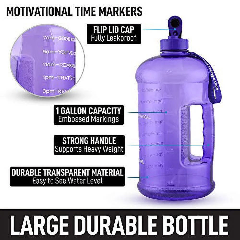 Zulay Kitchen 1 Gallon Plastic Water Bottle with Motivational Time Reminder by Hydration Nation - Purple