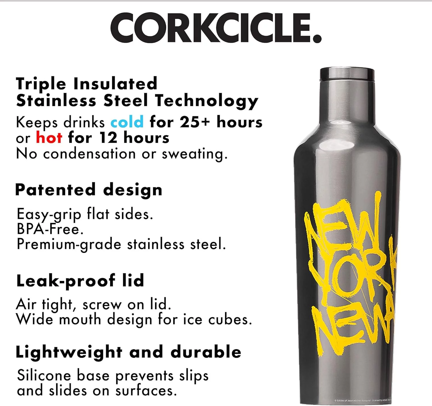 Jean Michel Basquiat x Corkcicle NEW YORK NEWAVE Canteen 16oz Gunmetal Triple Insulated Stainless Steel Bottle with Straw