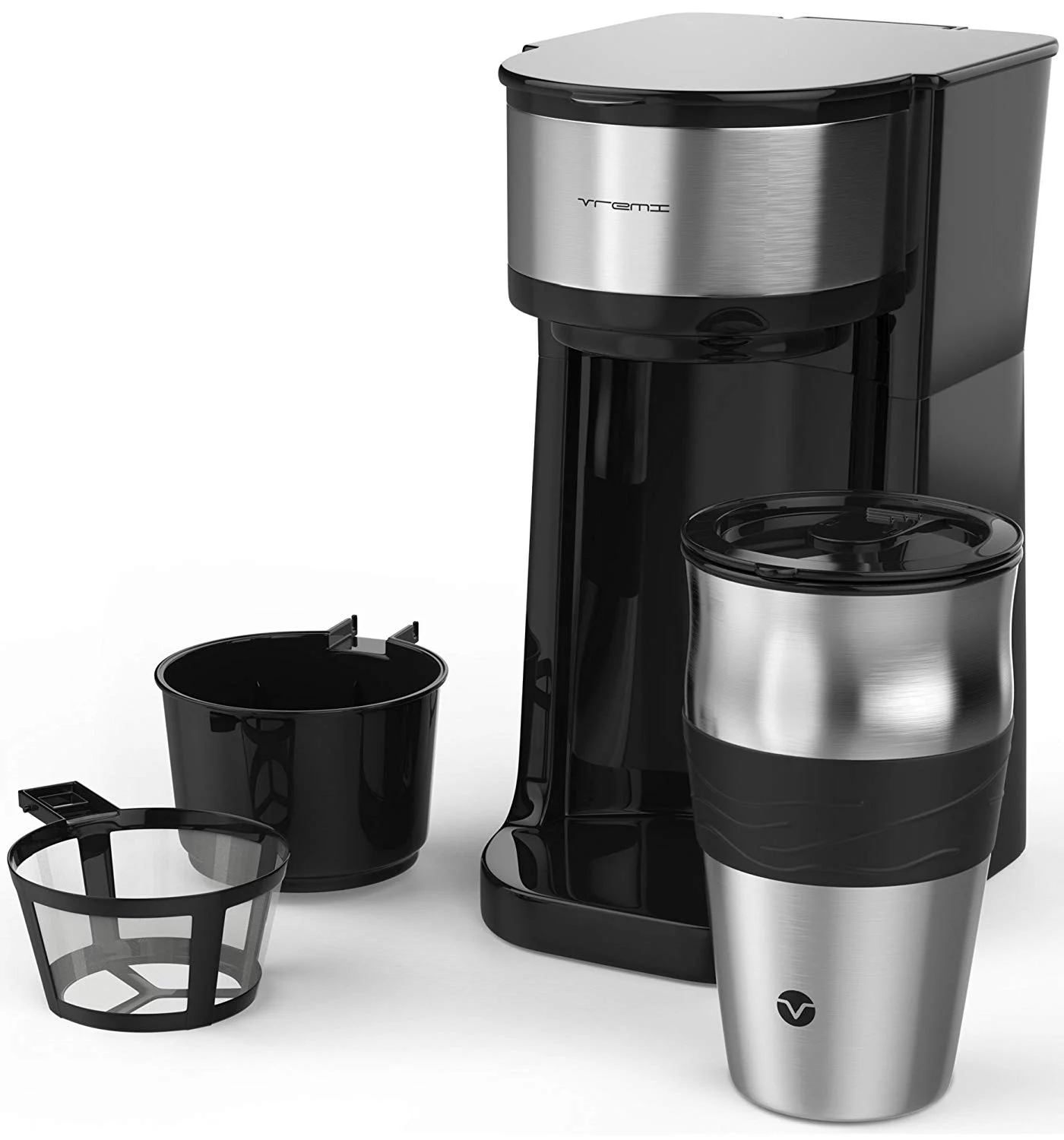 Vremi Single Cup Coffee Maker - includes 14 oz Travel Coffee Mug and Reusable Filter - Personal 1 Cup Drip Coffee Maker to Brew Ground Beans - Black and Silver Single Serve One Cup Coffee Dr