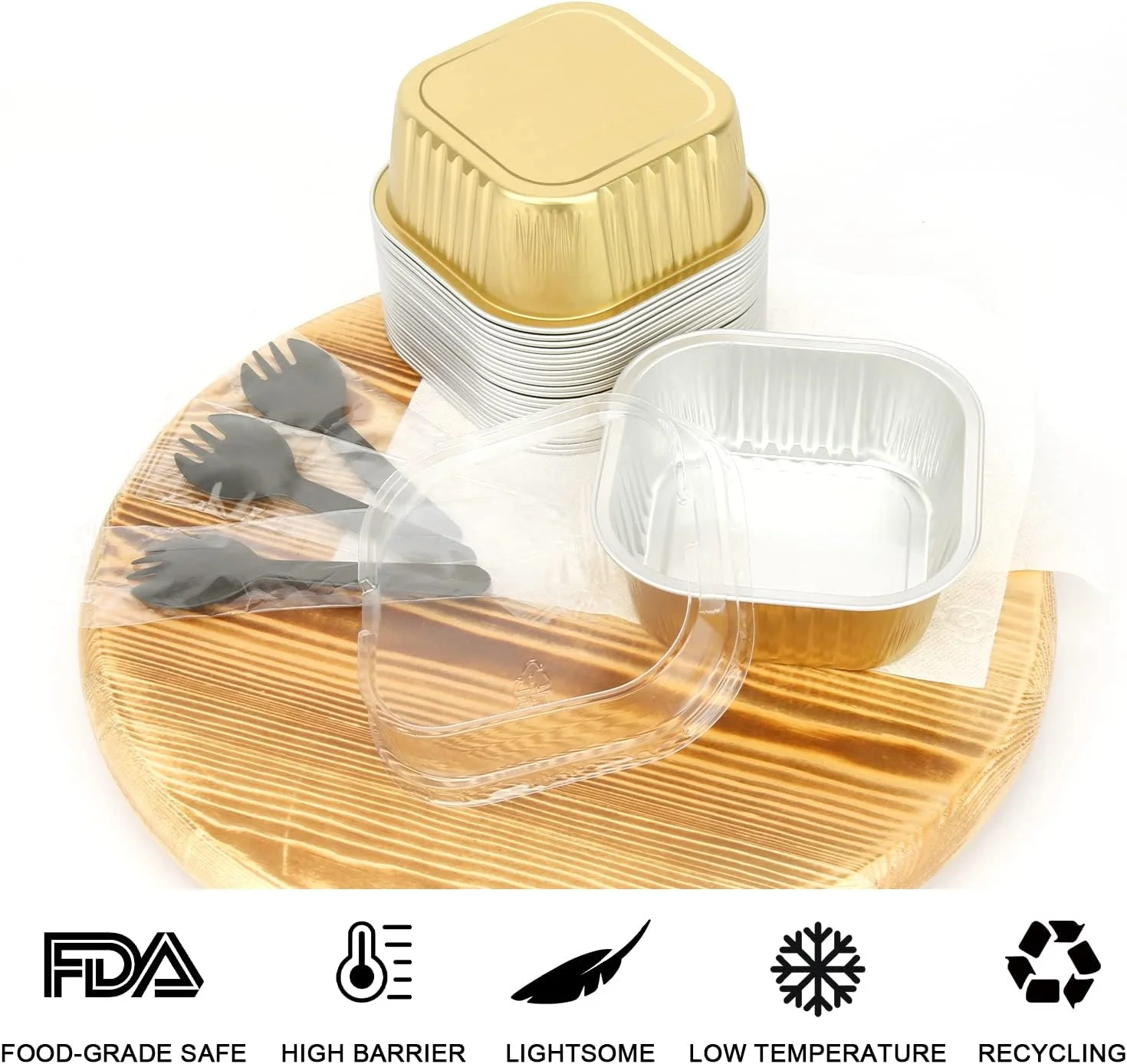 Large 10oz Aluminum Pans With Lids 40 Pack, Square Small Cake Muffin Tin,Disposable Ramekins Brownie Pans Jumbo Baking Cups Containers For Brownie Mini Cake Bread Dessert-Gold