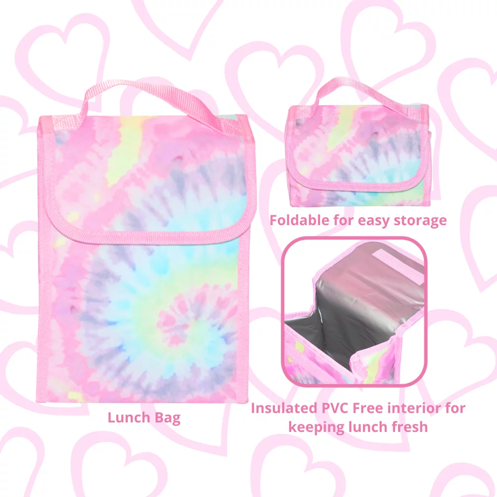 Ralme Tie Dye Girls Backpack with Lunch Box and Water Bottle 6 Piece Set 16 Inch