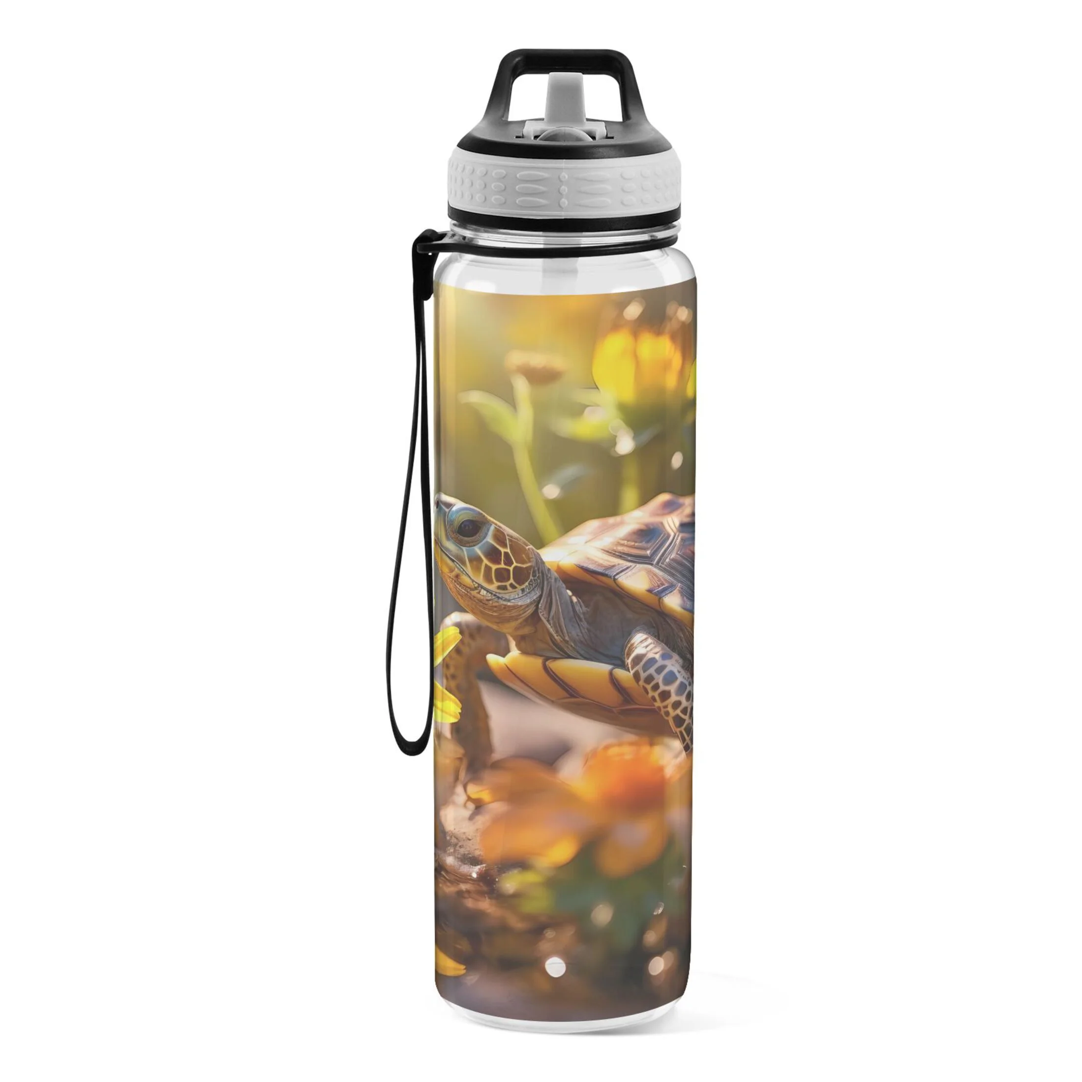 Big Turtle and Wild Flowers 32oz Sports Water Bottles Leakproof Tritan Bottle with Straw BPA Free Clear Bottle for Fitness Gym Outdoor Cycling