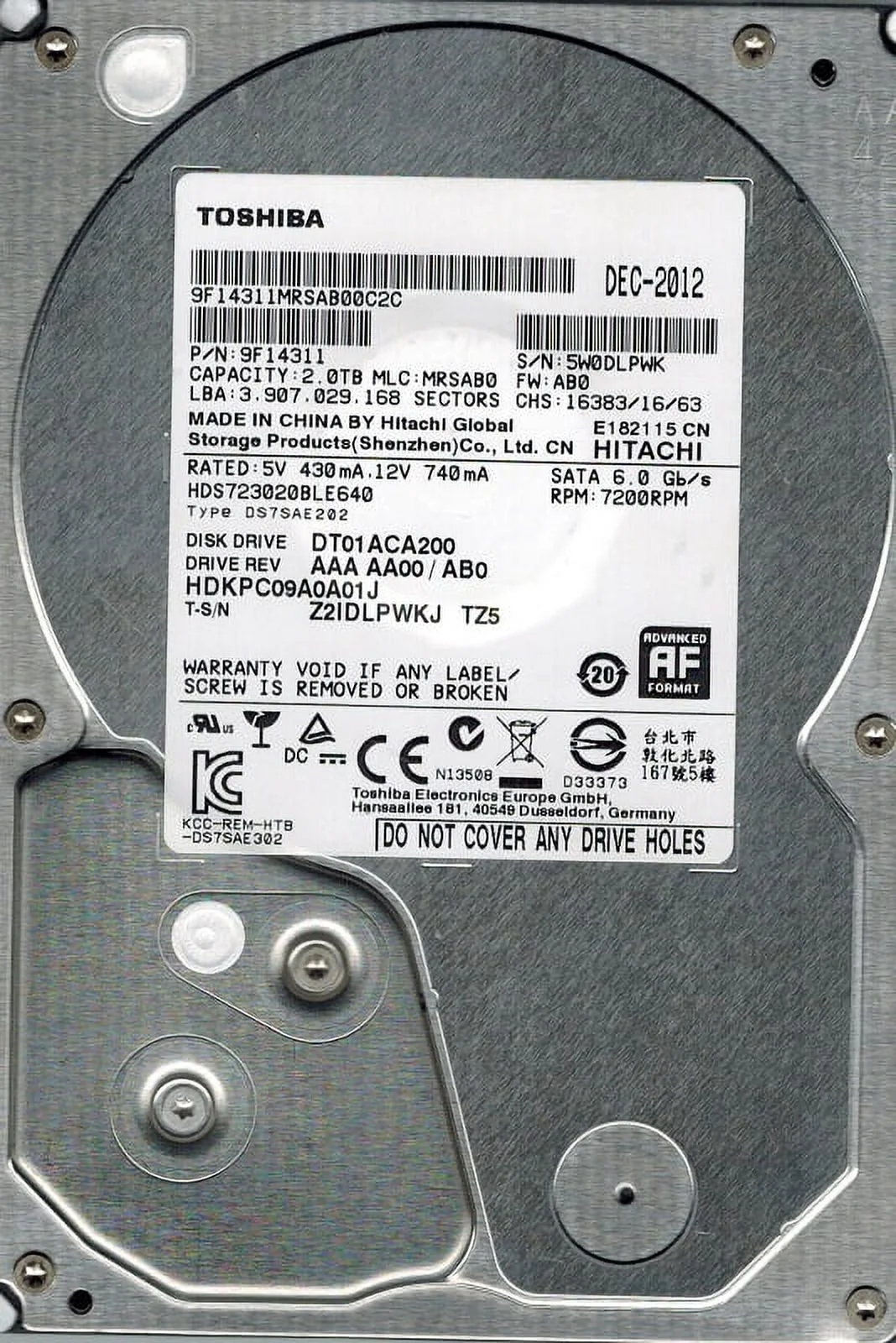 Hitachi HDS723020BLE640 P/N: 9F14311 MLC: MRSAB0 2TB